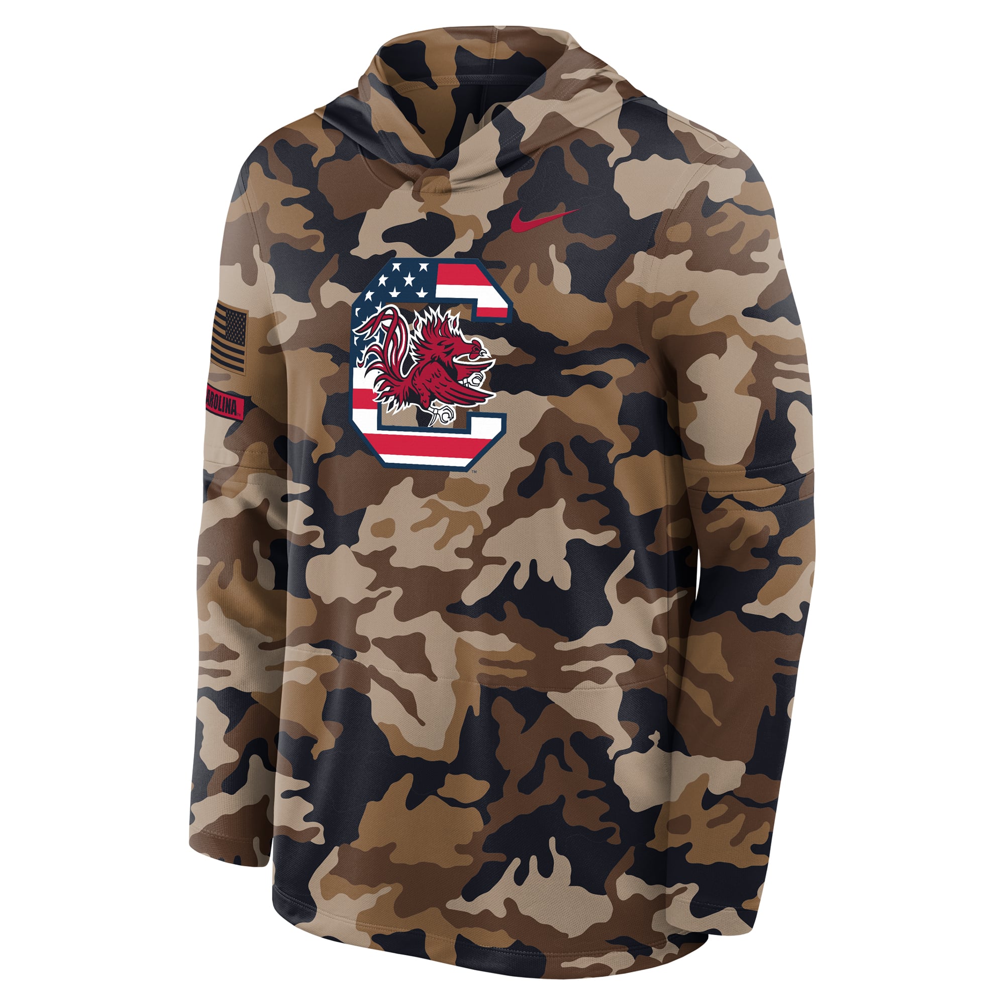 T-shirt à manches longues et capuche Nike Camo South Carolina Gamecocks 2026 pour homme, en hommage aux militaires, technologie Dri-FIT