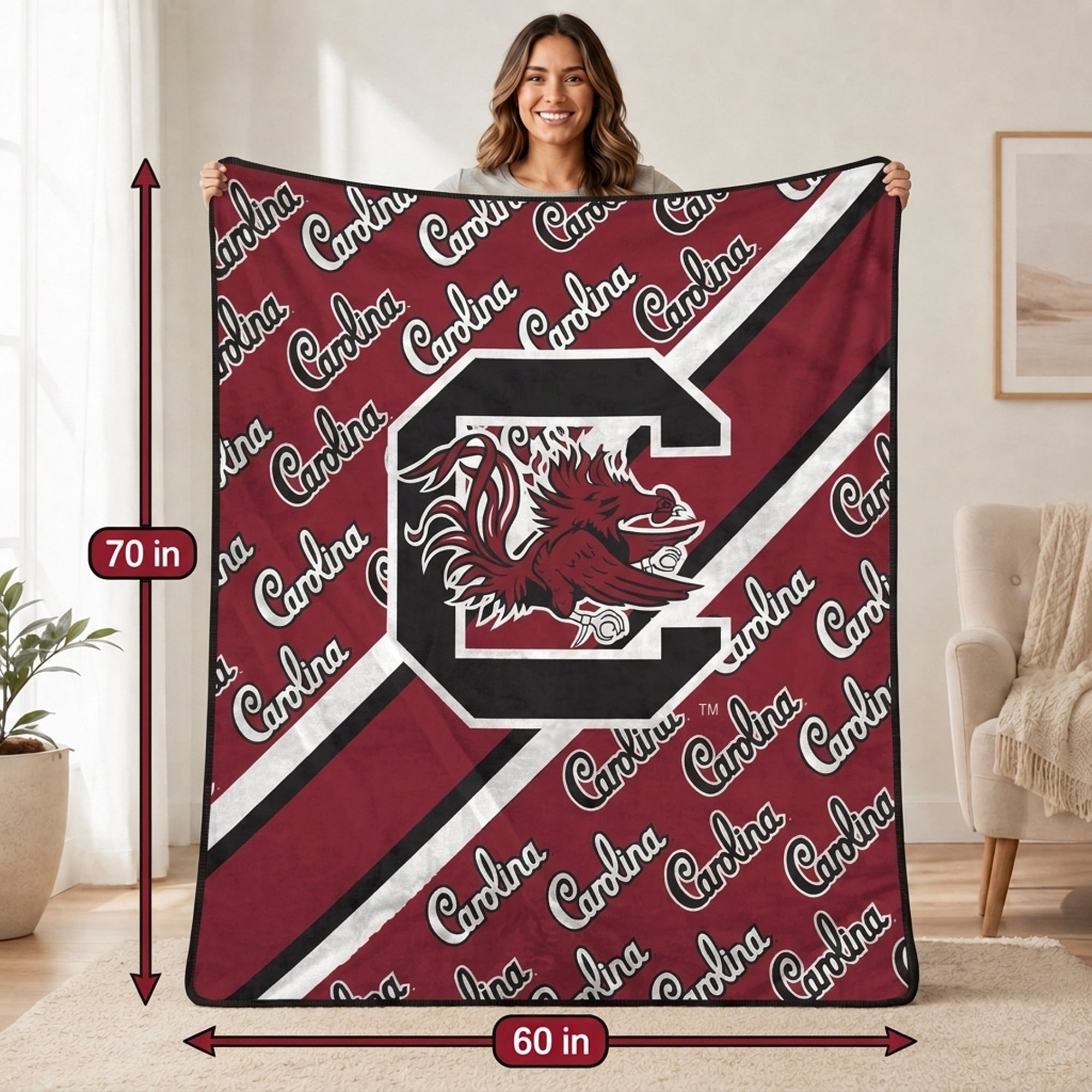 Couverture ultra douce Pegasus South Carolina Gamecocks, 152 x 178 cm (60 x 70 pouces) en diagonale, doublée et ornée du logo.