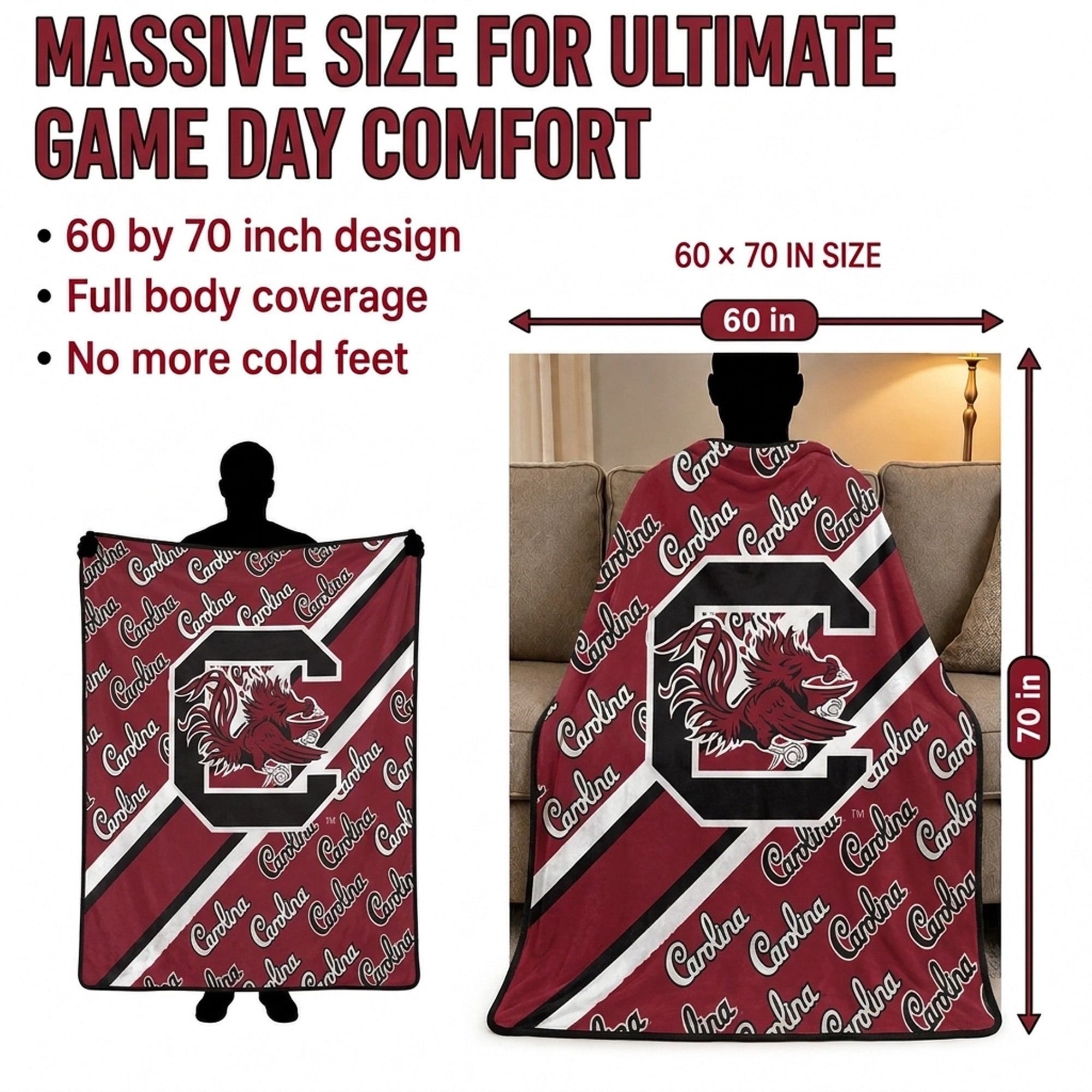 Couverture ultra douce Pegasus South Carolina Gamecocks, 152 x 178 cm (60 x 70 pouces) en diagonale, doublée et ornée du logo.