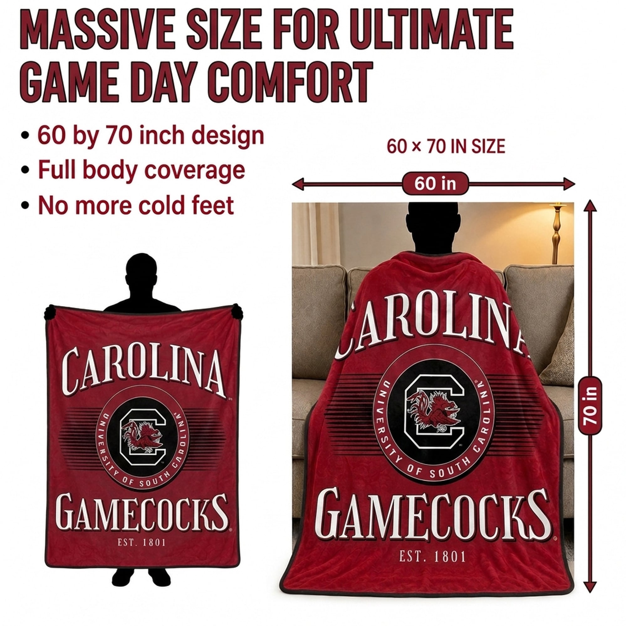 Couverture Pegasus South Carolina Gamecocks Spotlight Arch 60" x 70" ultra douce