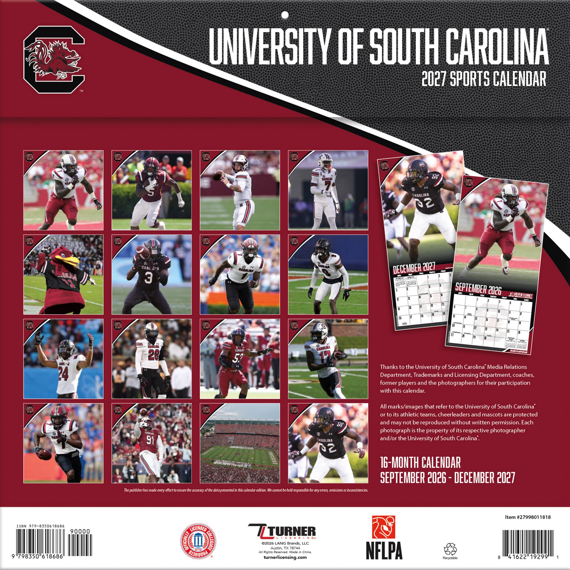 South Carolina Gamecocks 2027 12” x 12” Team Wall Calendar