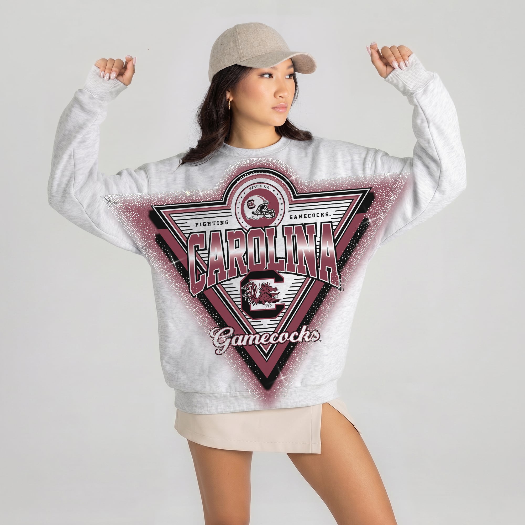 Women's Gameday Couture Gray South Carolina Gamecocks Chasing Victory Rhinestone Spray Oversized Fleece Sweatshirt