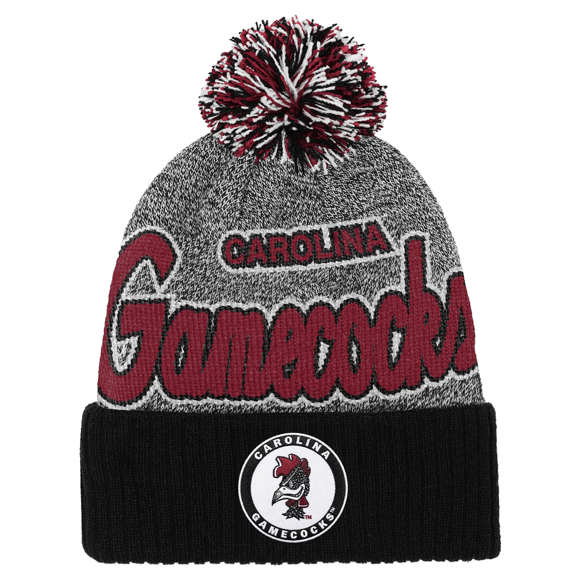 Bonnet tricoté à revers Mitchell & Ness noir pour enfant, à l'effigie de la mascotte des Gamecocks de Caroline du Sud, avec pompon.