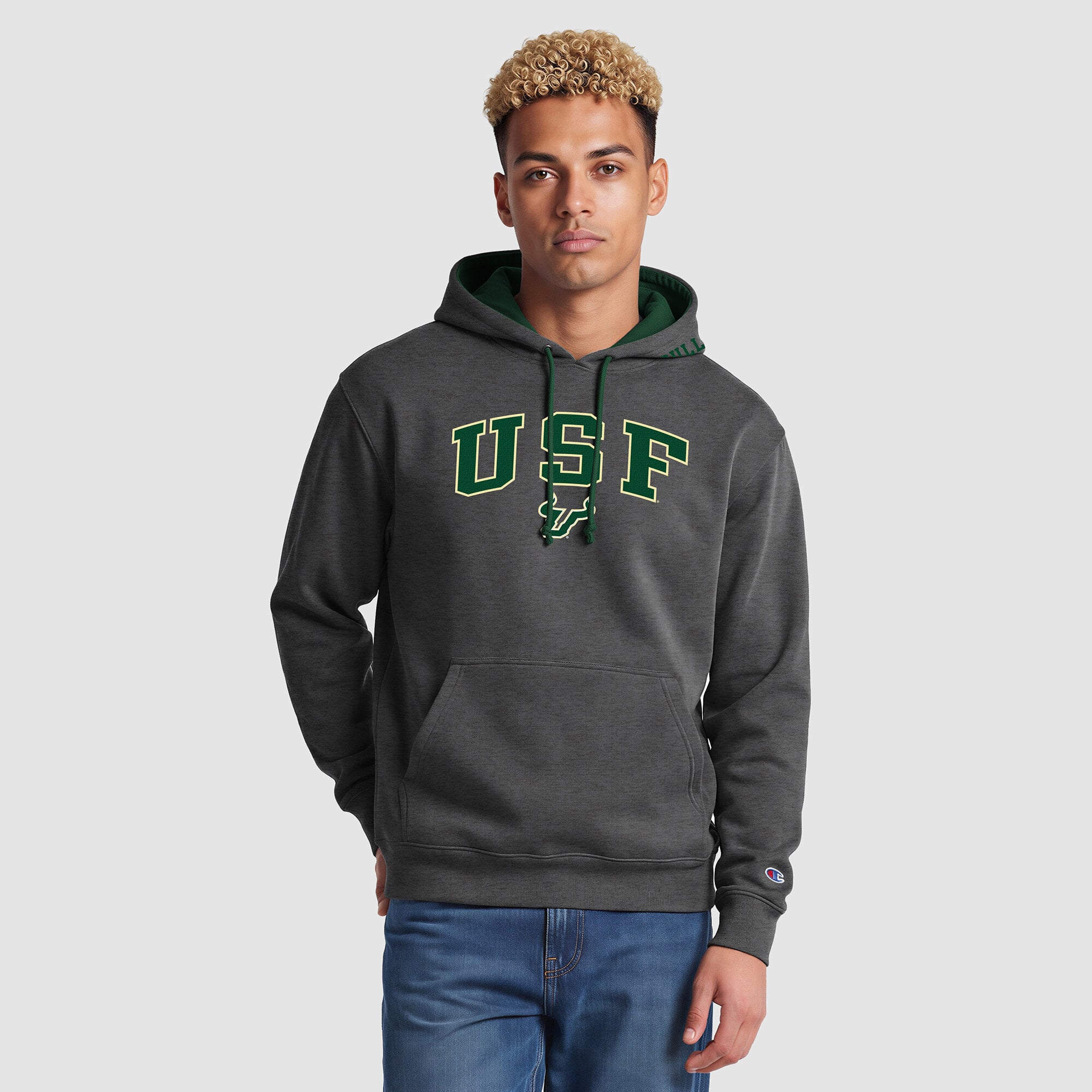 Men's Champion Heather Gray/Green South Florida Bulls Contrast Hoodie