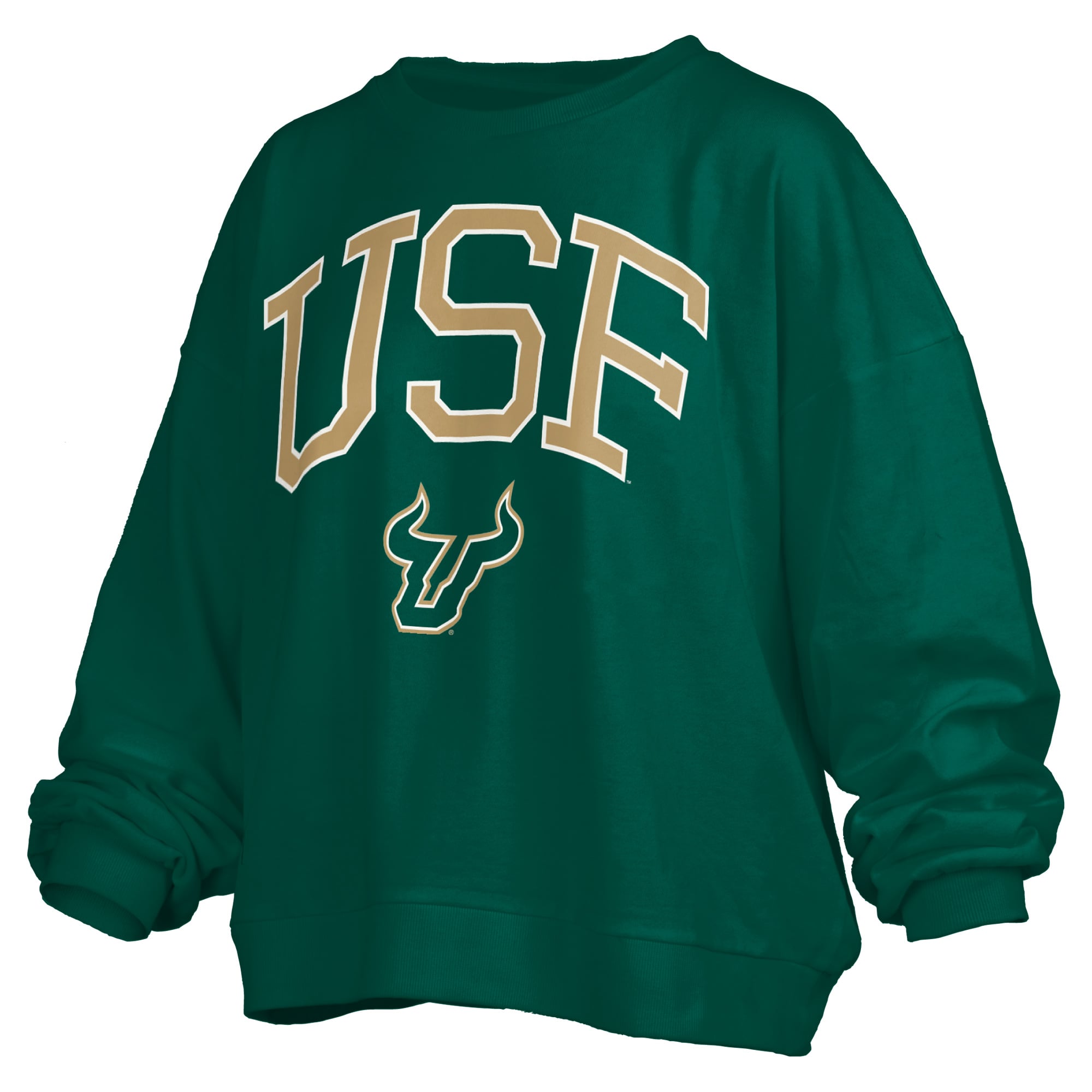 Women's Pressbox Green South Florida Bulls Oversized Janise Arch Over Logo Fleece Sweatshirt