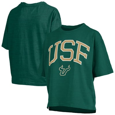 T-shirt oversize pour femme South Florida Bulls Pressbox, logo Nelson Arch Over, en tissu flammé vert
