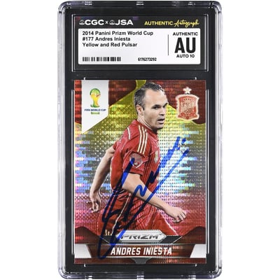 Andres Iniesta Spain National Team Autographed 2014 Panini Prizm World Cup Yellow and Red Pulsar #177 CGC Authenticated Auto 10 Card