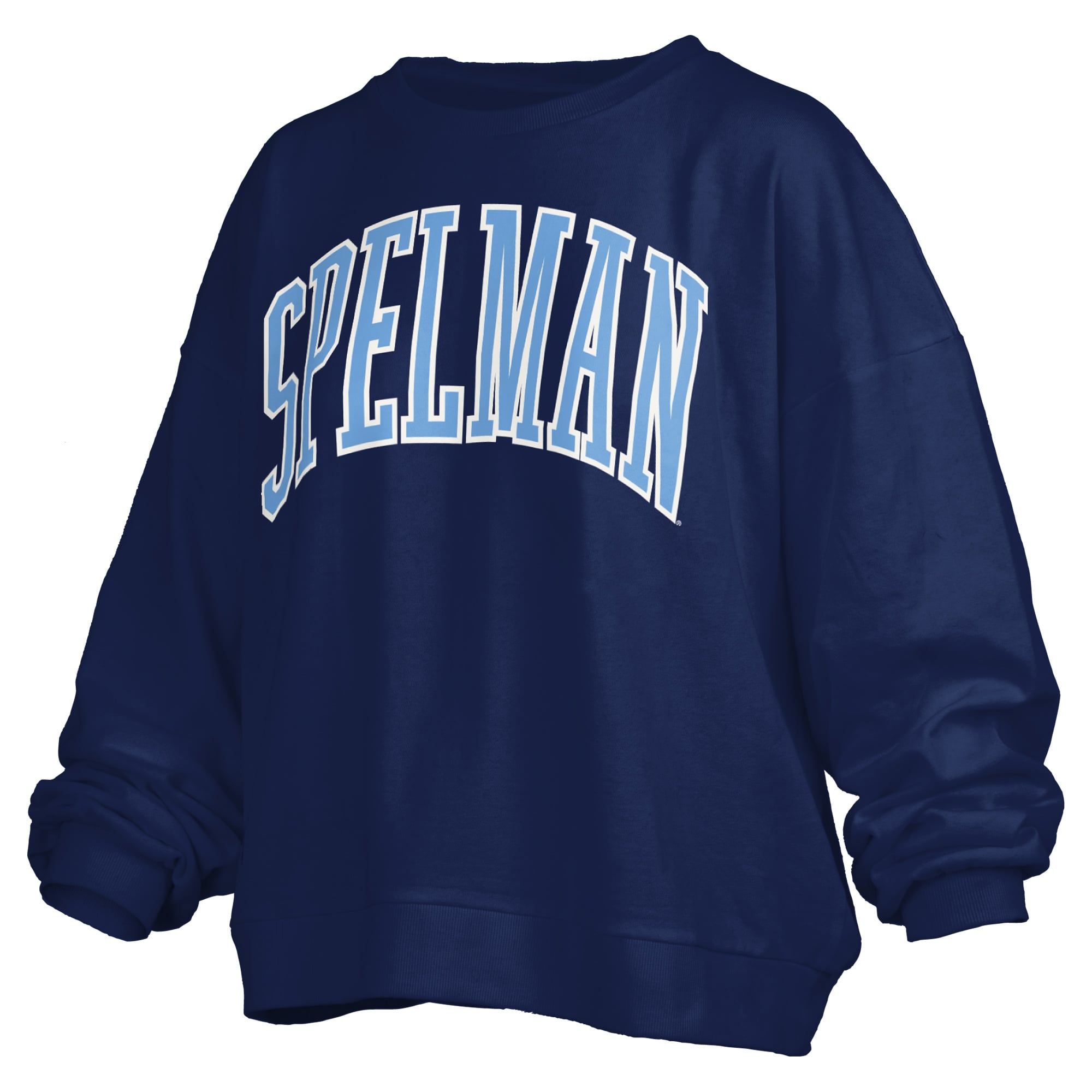 Women's Pressbox Navy Spelman College Jaguars Oversized Janise Arch Over Logo Fleece Sweatshirt