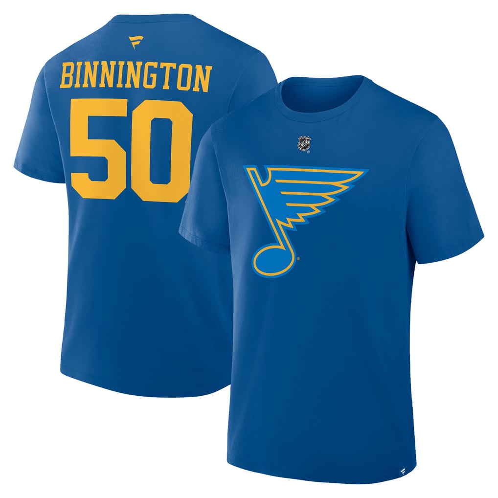 Men's St. Louis Blues Jordan Binnington Fanatics Blue Authentic Stack Name & Number T-Shirt