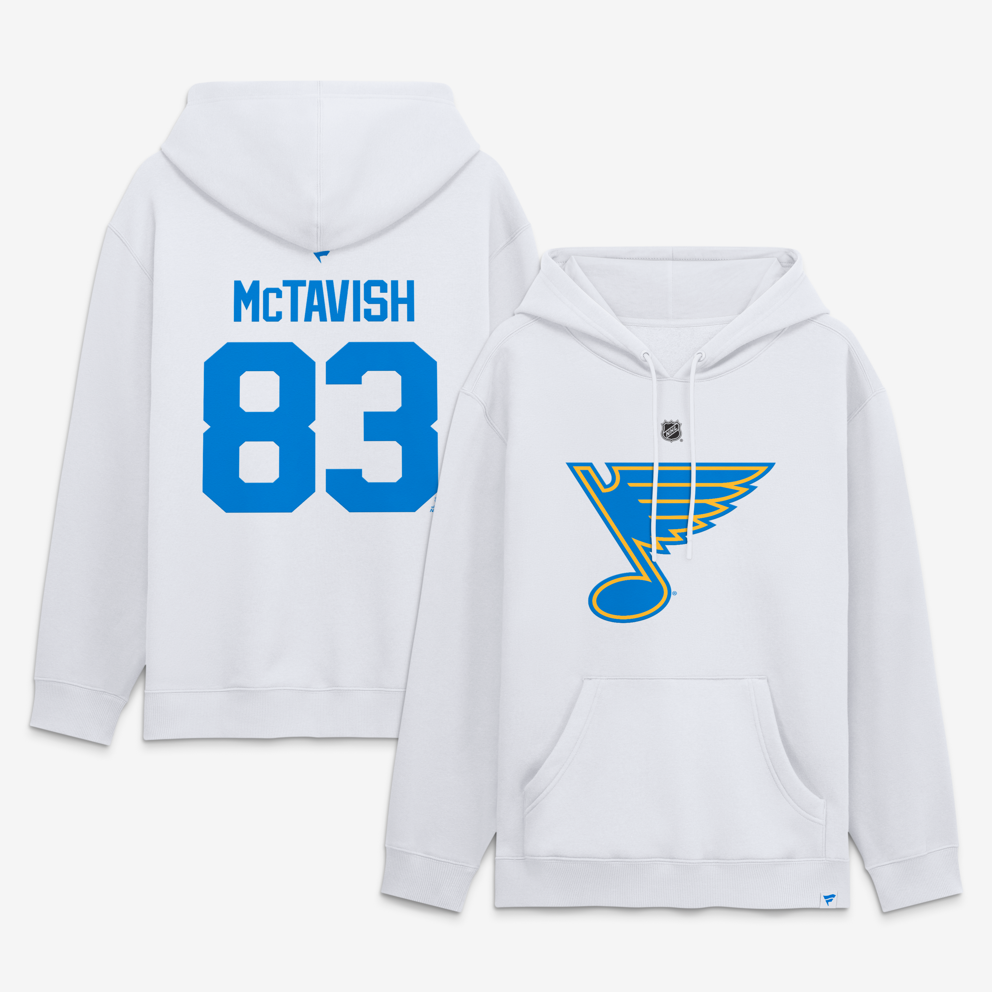 Sweat à capuche authentique Fanatics Mason McTavish blanc St. Louis Blues avec nom et numéro.