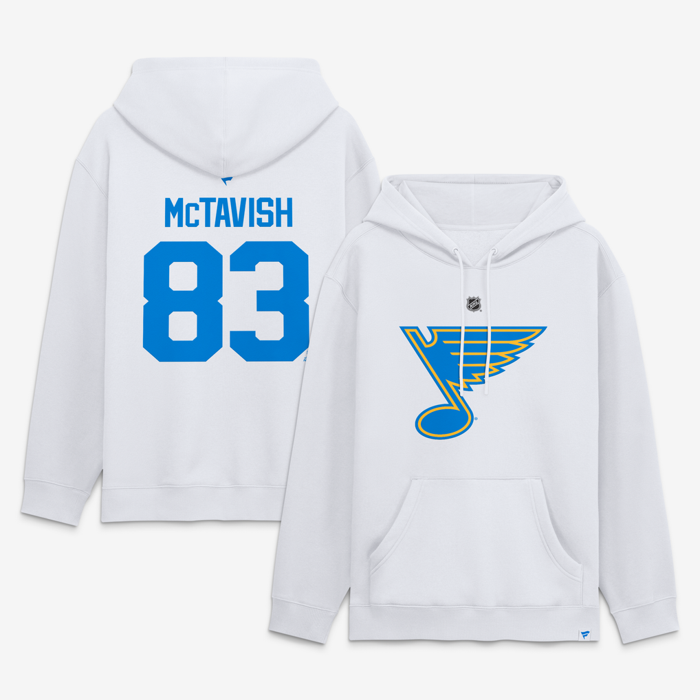 Men's St. Louis Blues Mason McTavish Fanatics White Authentic Stack Name & Number Hoodie