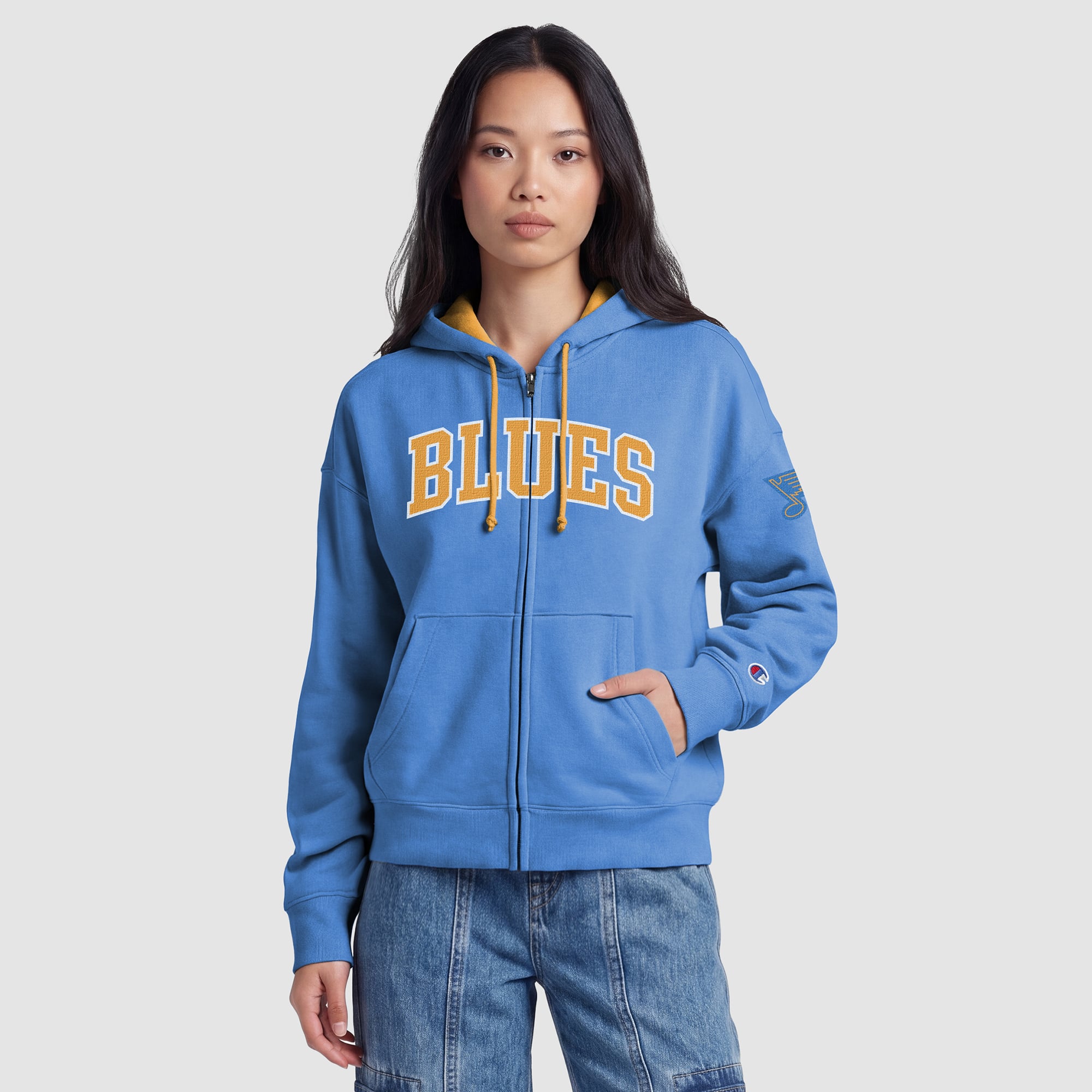 Women's Champion Blue/Gold St. Louis Blues Applique Full-Zip Fleece Hoodie