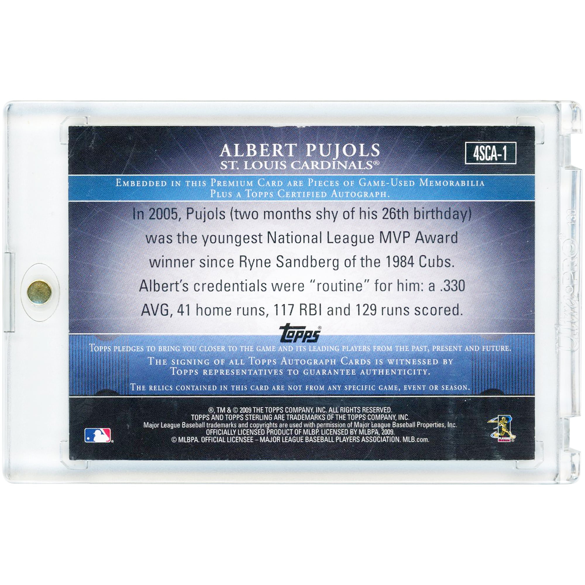 Carte autographiée d'Albert Pujols (Cardinals de Saint-Louis) 2009 Topps Sterling Career Chronicles Quad Tri-Color Game Used Jersey Relics #4SCA-1 #1/10