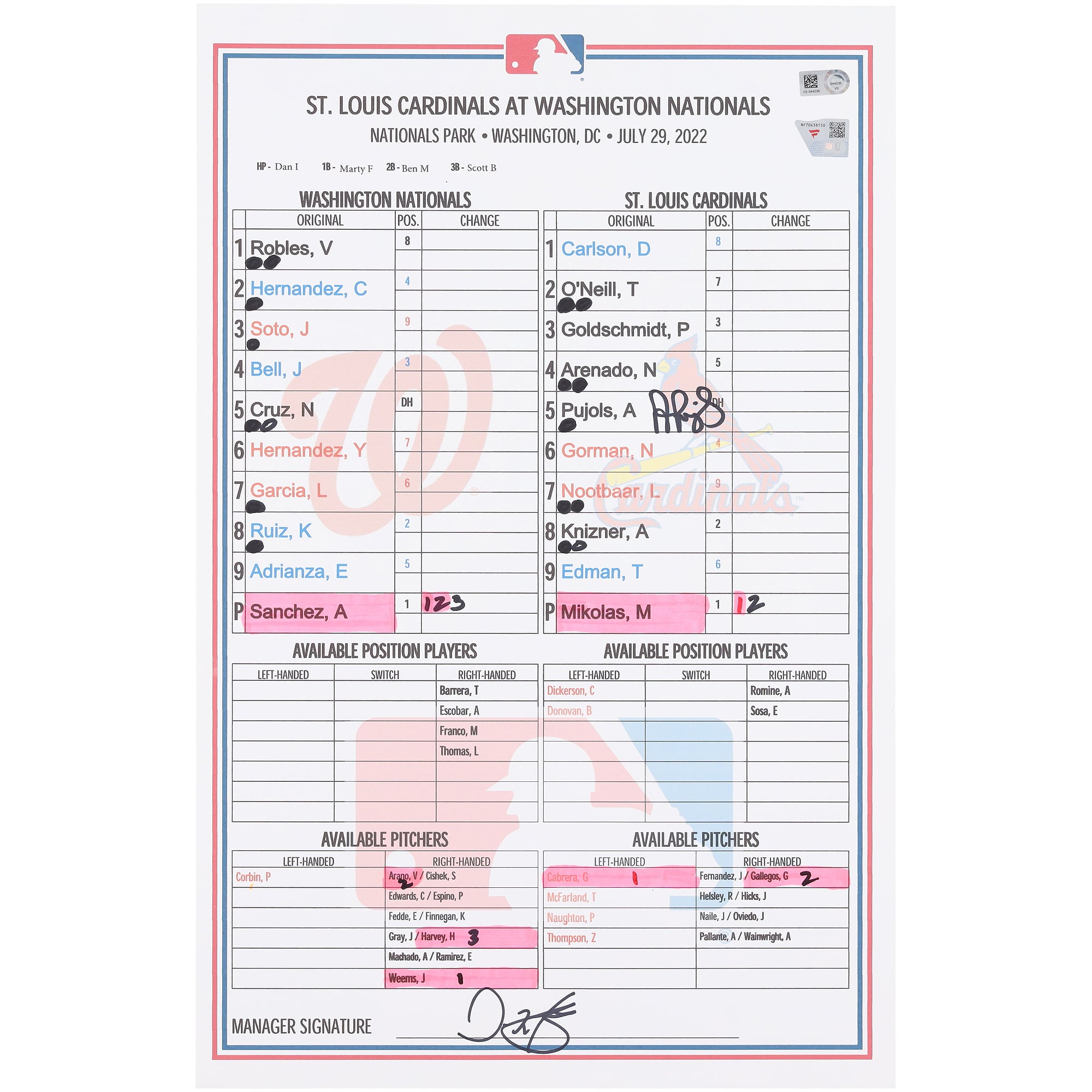 Albert Pujols St. Louis Cardinals Autographed Game-Used Lineup Card vs. Washington Nationals on July 29, 2022