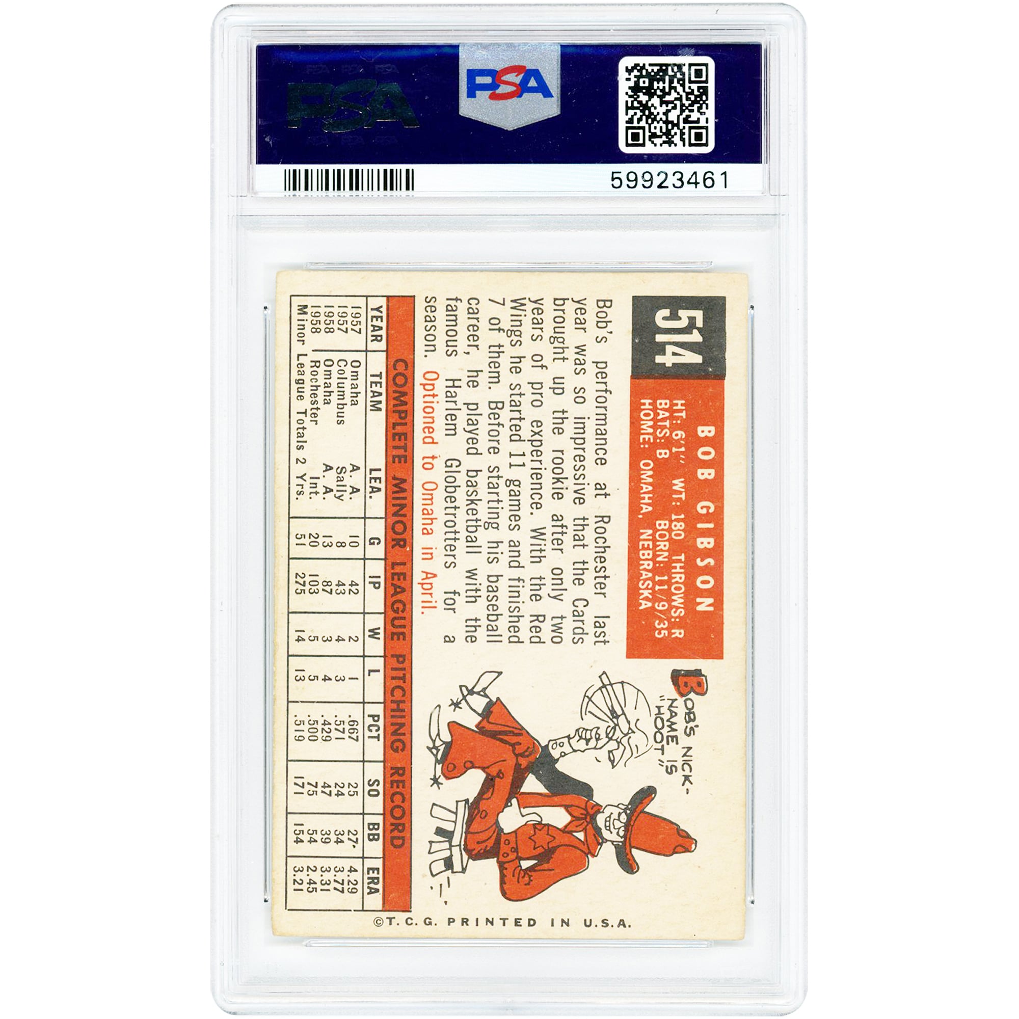 Bob Gibson St. Louis Cardinals 1959 Topps #514 PSA Authenticated 4 Rookie Card