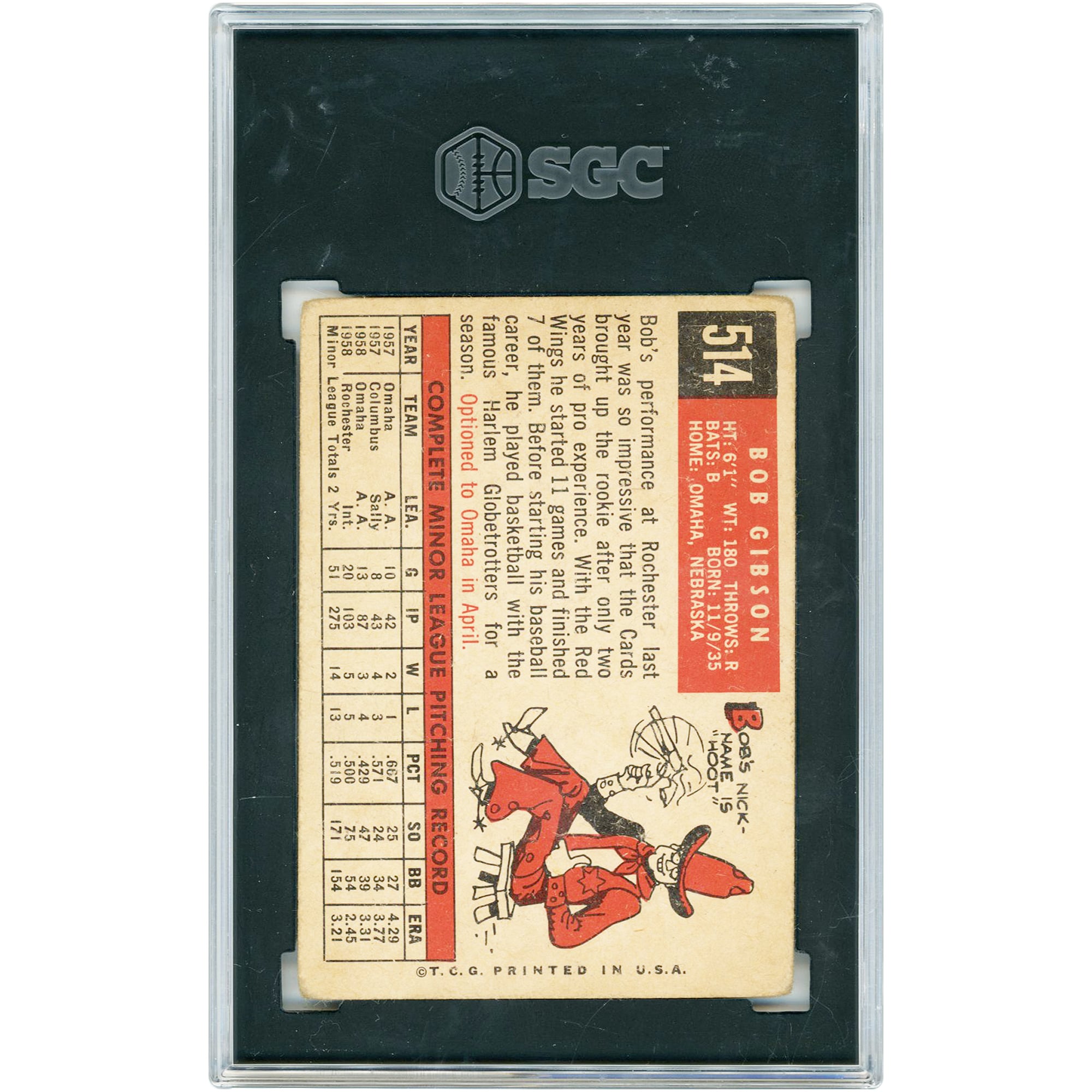 Carte de recrue Bob Gibson, Cardinals de Saint-Louis, 1959, Topps n° 514
