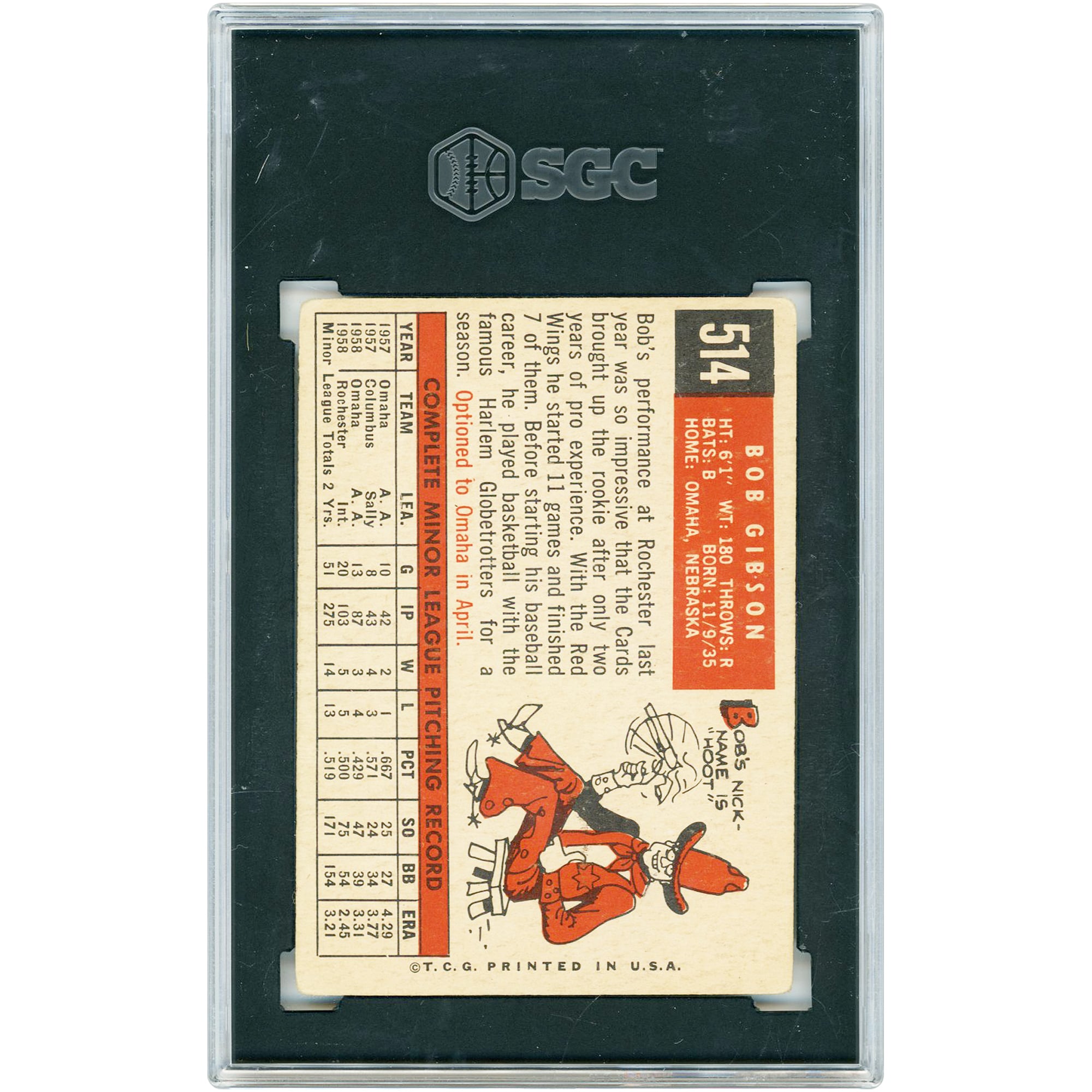 V106832 SLCard Bob Gibson St. Louis Cardinals 1959 Topps #514 Authentifié SGC 3 Carte de recrue Bob Gibson UNS TPP TRADING CARDS 46203 COLTRC CV01BB5648 #21