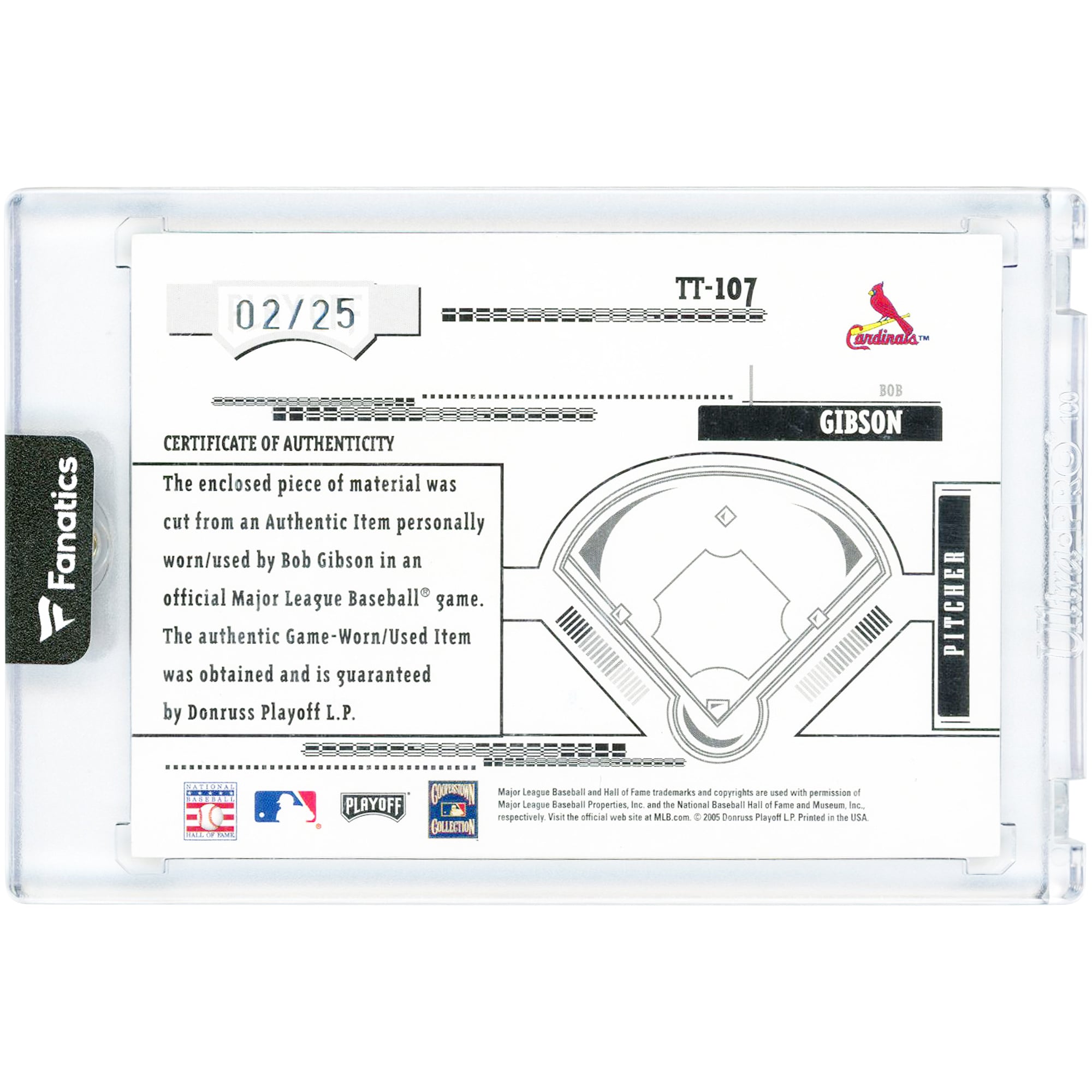 Carte autographiée de Bob Gibson, joueur des Cardinals de Saint-Louis, séries éliminatoires de 2005, collection Absolute Memorabilia Tools Of The Trade, relique de maillot porté en match, n° TT-107, n° 2/25