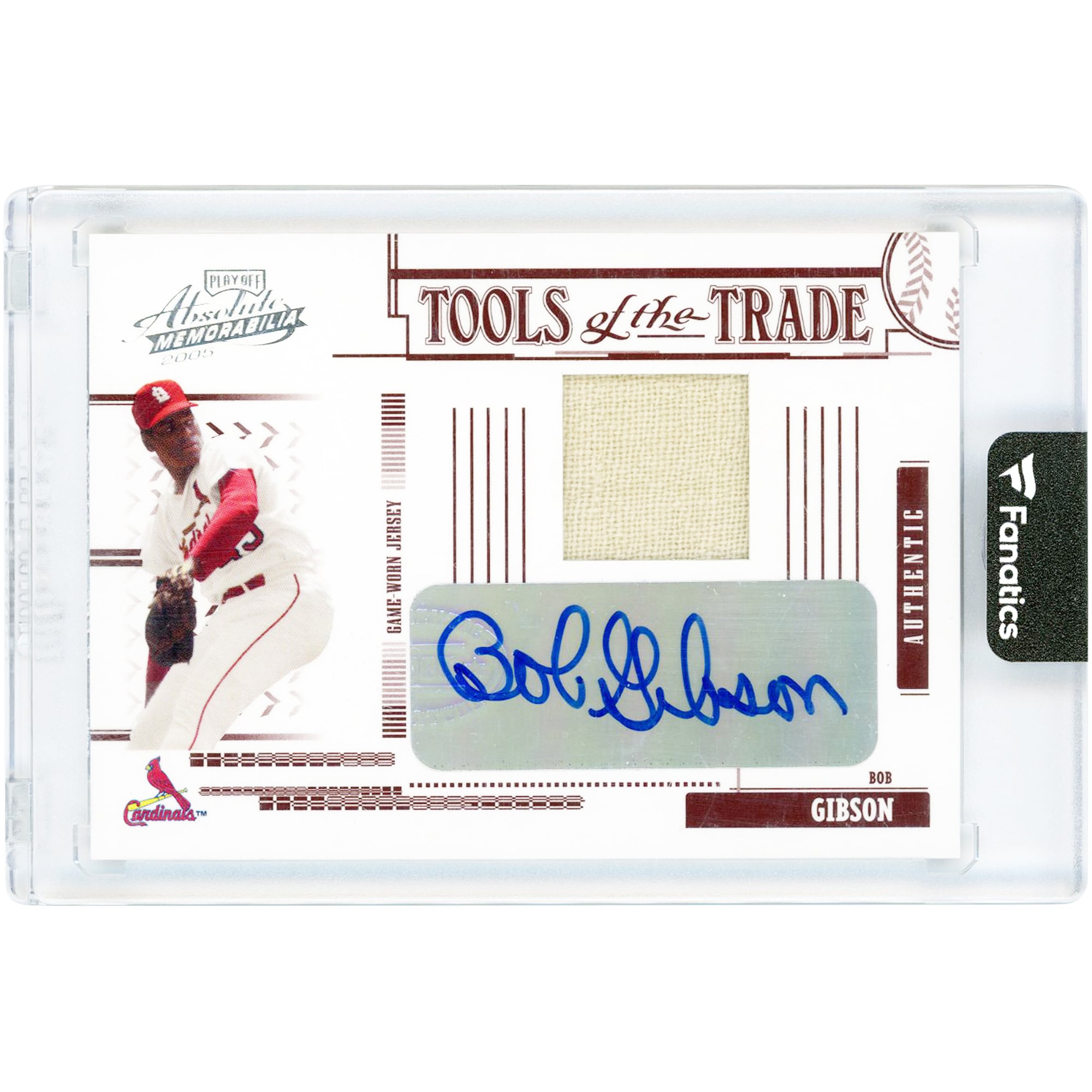Carte autographiée de Bob Gibson, joueur des Cardinals de Saint-Louis, séries éliminatoires de 2005, collection Absolute Memorabilia Tools Of The Trade, relique de maillot porté en match, n° TT-107, n° 2/25