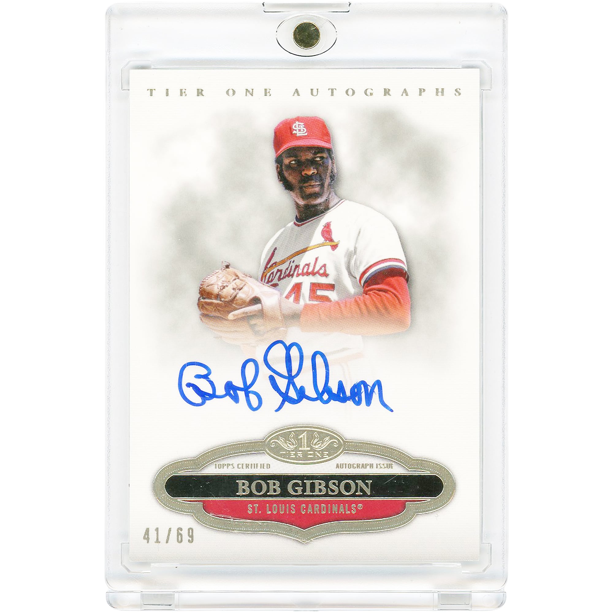 Carte autographiée de Bob Gibson, joueur des Cardinals de Saint-Louis, collection Topps Tier One 2013, numéro TTA-BG, n° 41/69