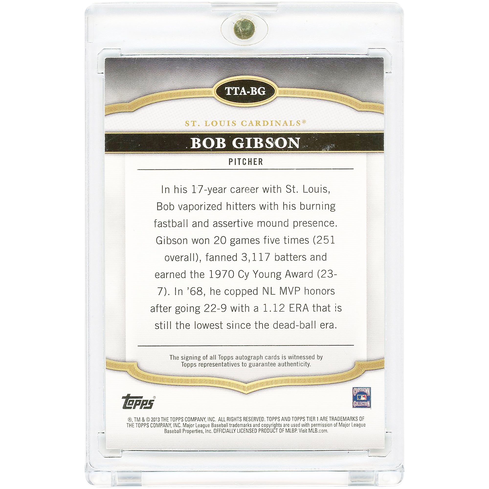 Carte autographiée de Bob Gibson, joueur des Cardinals de Saint-Louis, collection Topps Tier One 2013, numéro TTA-BG, n° 41/69