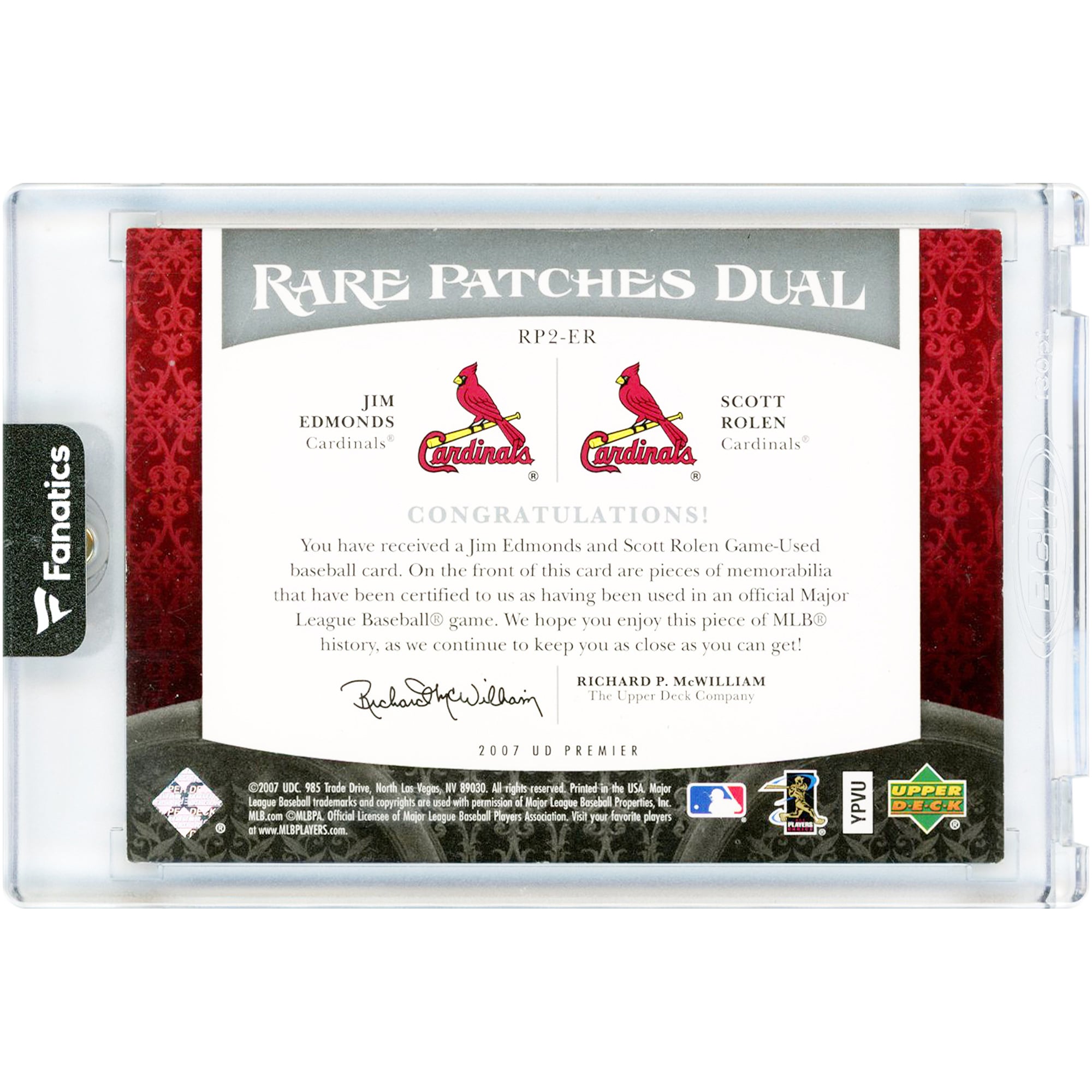 Jim Edmonds et Scott Rolen, Cardinals de Saint-Louis, 2007, Upper Deck Premier Rare Patches Dual 5-Color Game Used Relics, carte n° RP2-ER n° 7/10