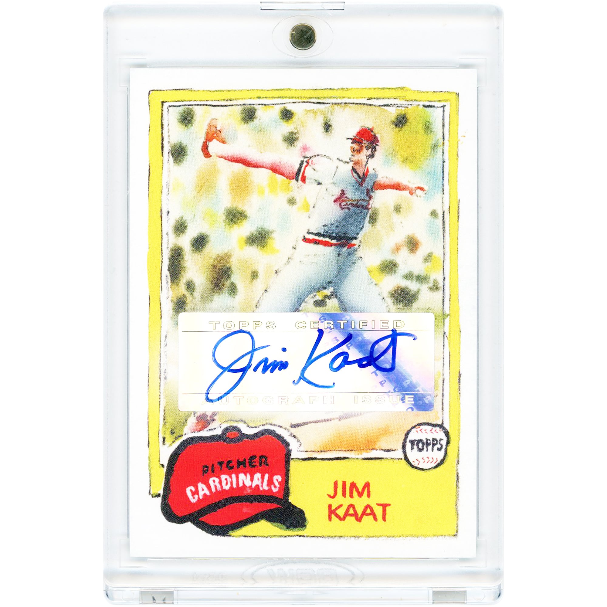 Carte autographiée par Jim Kaat (St. Louis Cardinals) de la collection Topps Spotlight 70 II 2022 par Andy Friedman (n° 62-A)