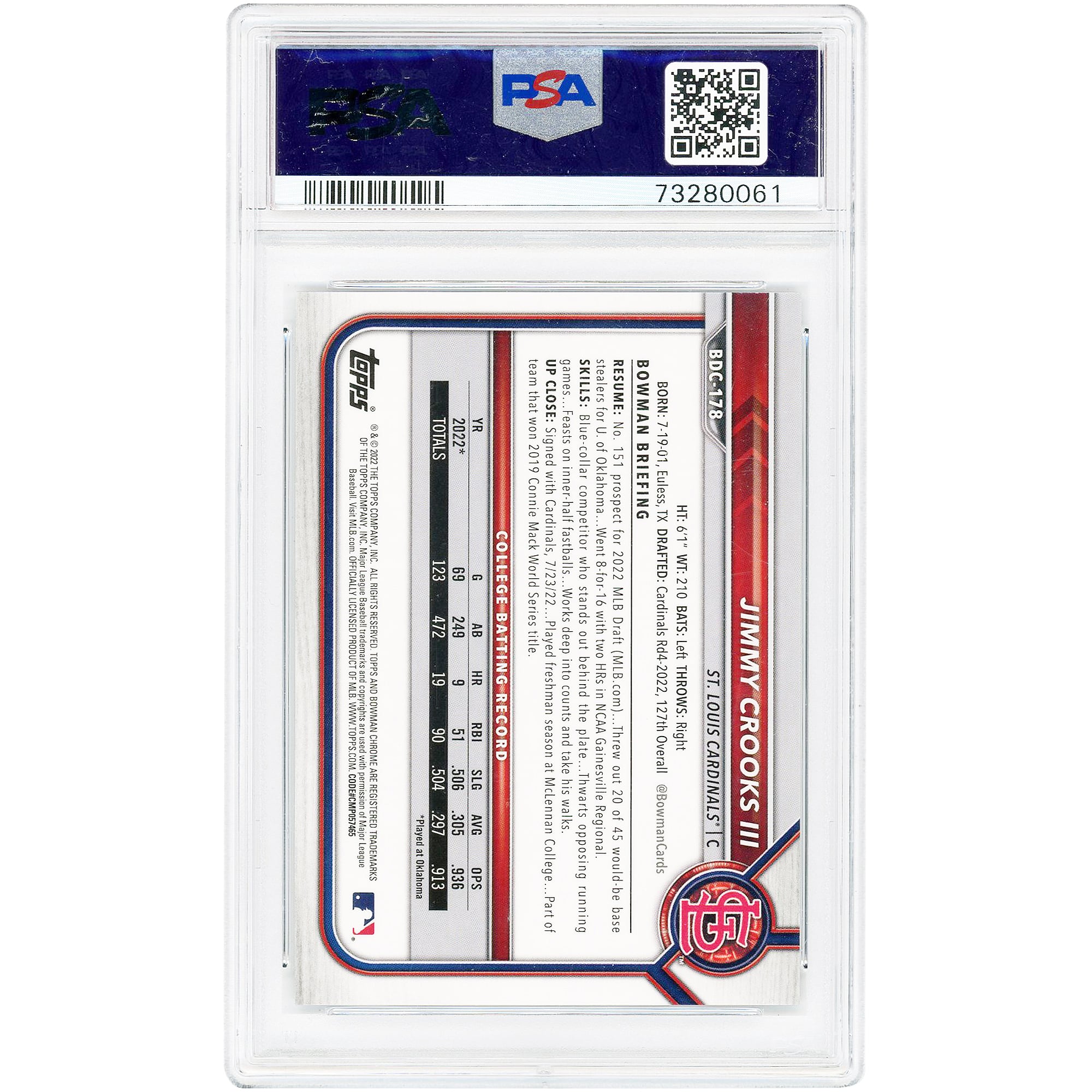 Jimmy Crooks St. Louis Cardinals 2022 Bowman Draft Sapphire Edition Purple #BDC-178 #1/10 PSA Authenticated 10 Card