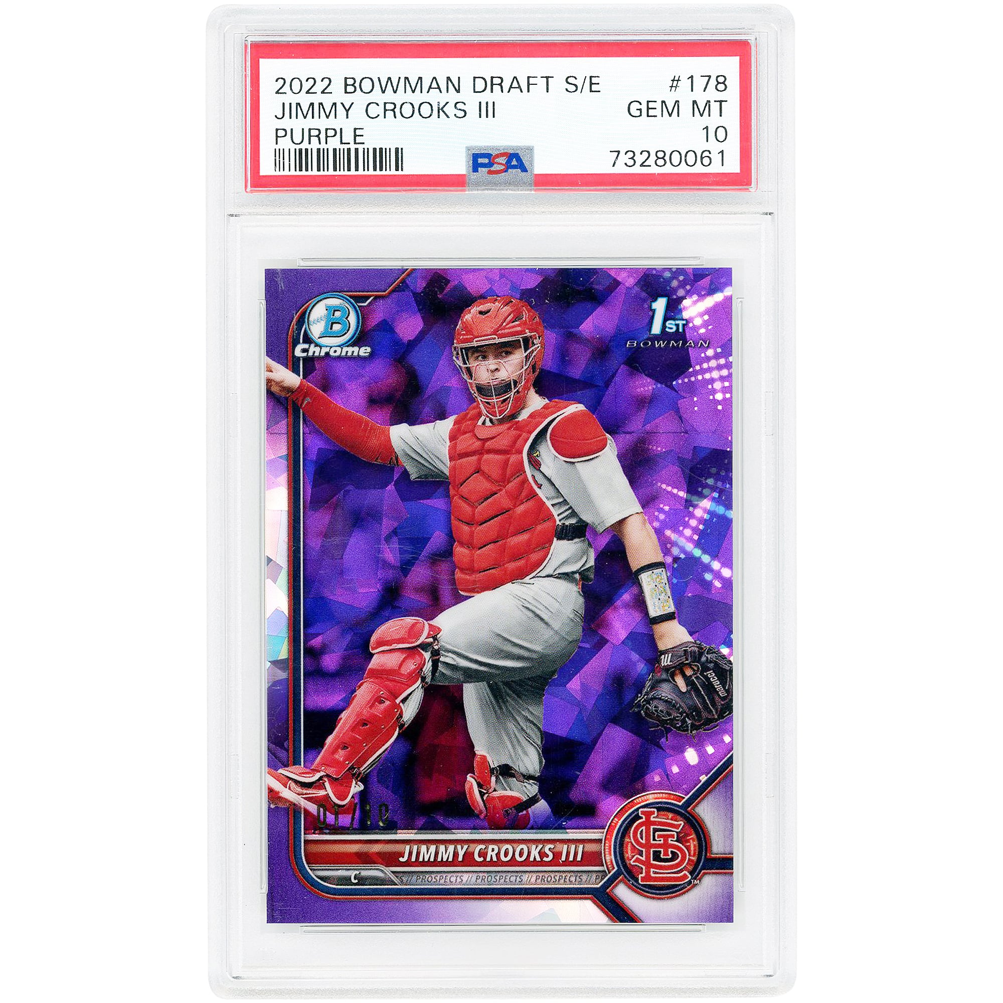 Jimmy Crooks St. Louis Cardinals 2022 Bowman Draft Sapphire Edition Purple #BDC-178 #1/10 PSA Authenticated 10 Card