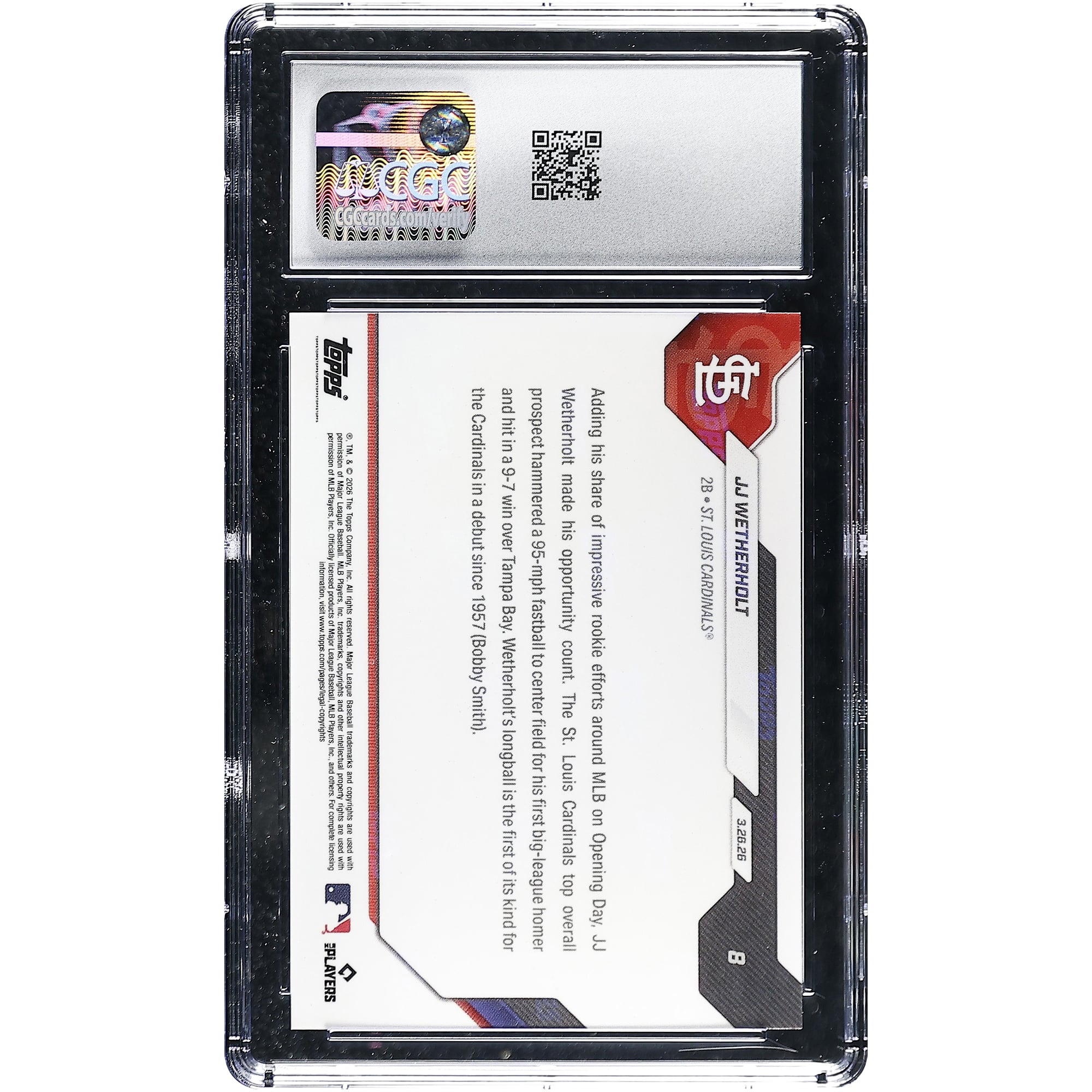 Carte recrue JJ Wetherholt, Cardinals de Saint-Louis, 2026 Topps Now : premier coup de circuit lors du match d'ouverture, le premier de l'équipe depuis 1957, n° 8, authentifiée par CGC.