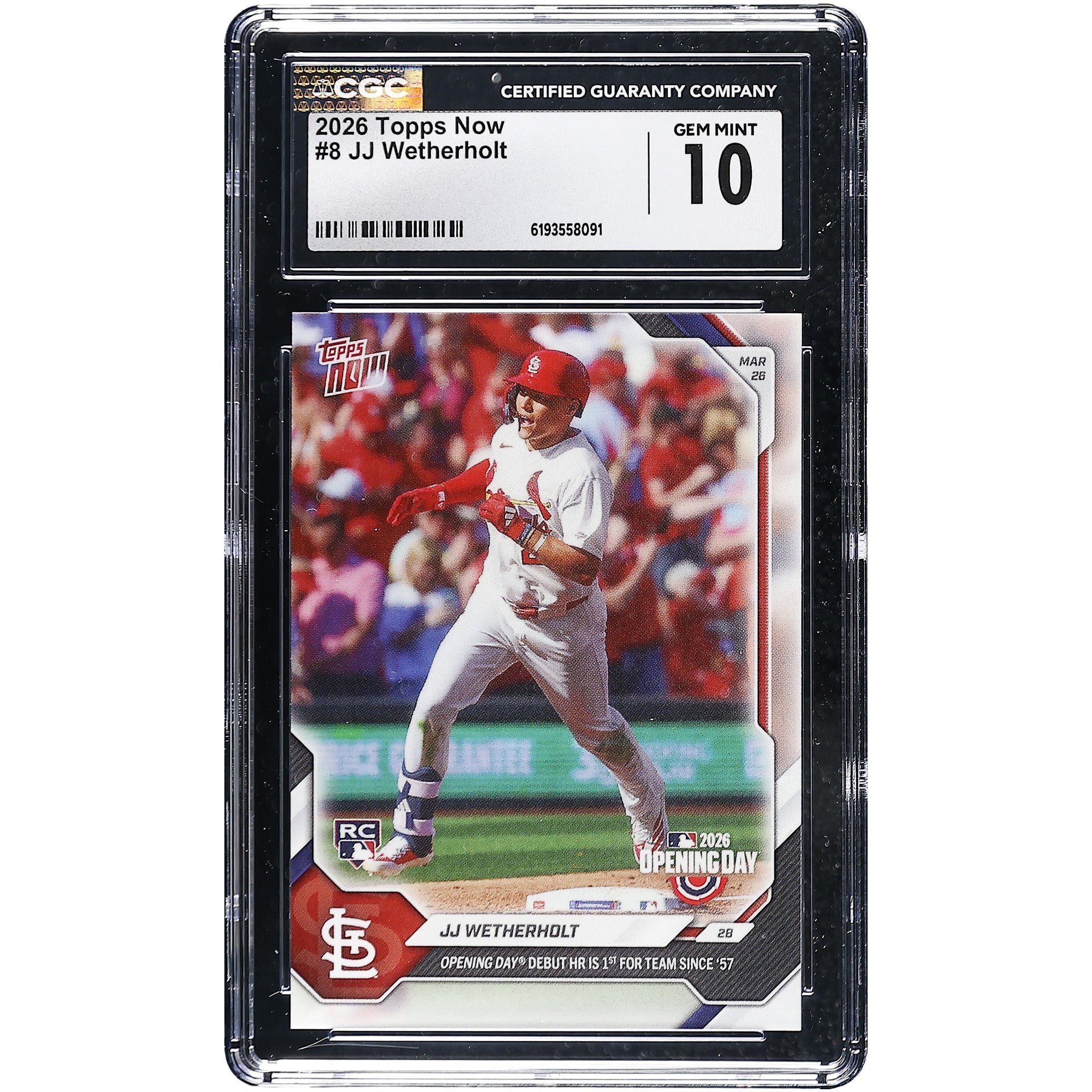 Carte recrue JJ Wetherholt, Cardinals de Saint-Louis, 2026 Topps Now : premier coup de circuit lors du match d'ouverture, le premier de l'équipe depuis 1957, n° 8, authentifiée par CGC.