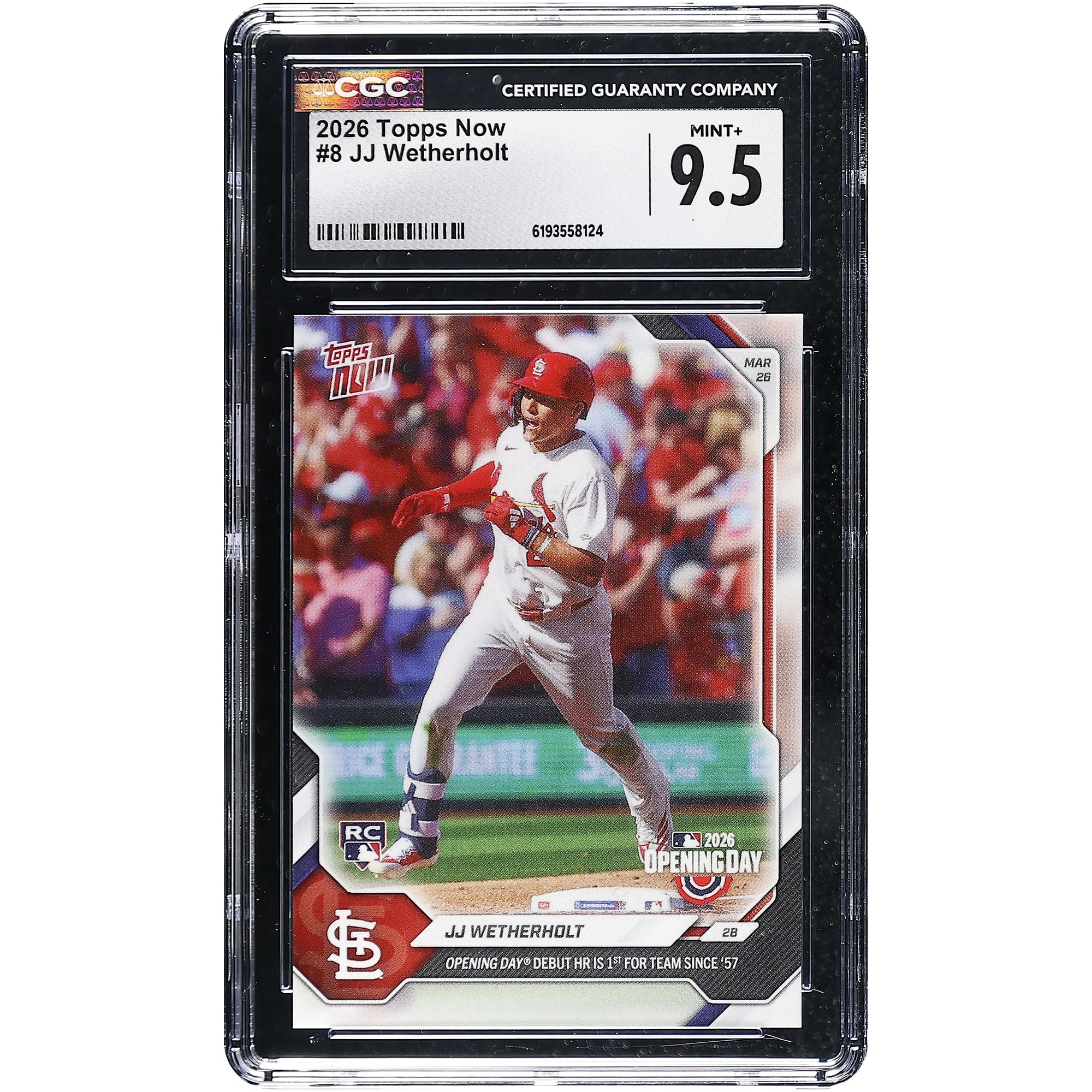 Carte recrue JJ Wetherholt, Cardinals de Saint-Louis, Topps Now 2026 : son premier coup de circuit lors du match d'ouverture est le premier de l'équipe depuis 1957 (n° 8), authentifiée par CGC (note : 9,5).