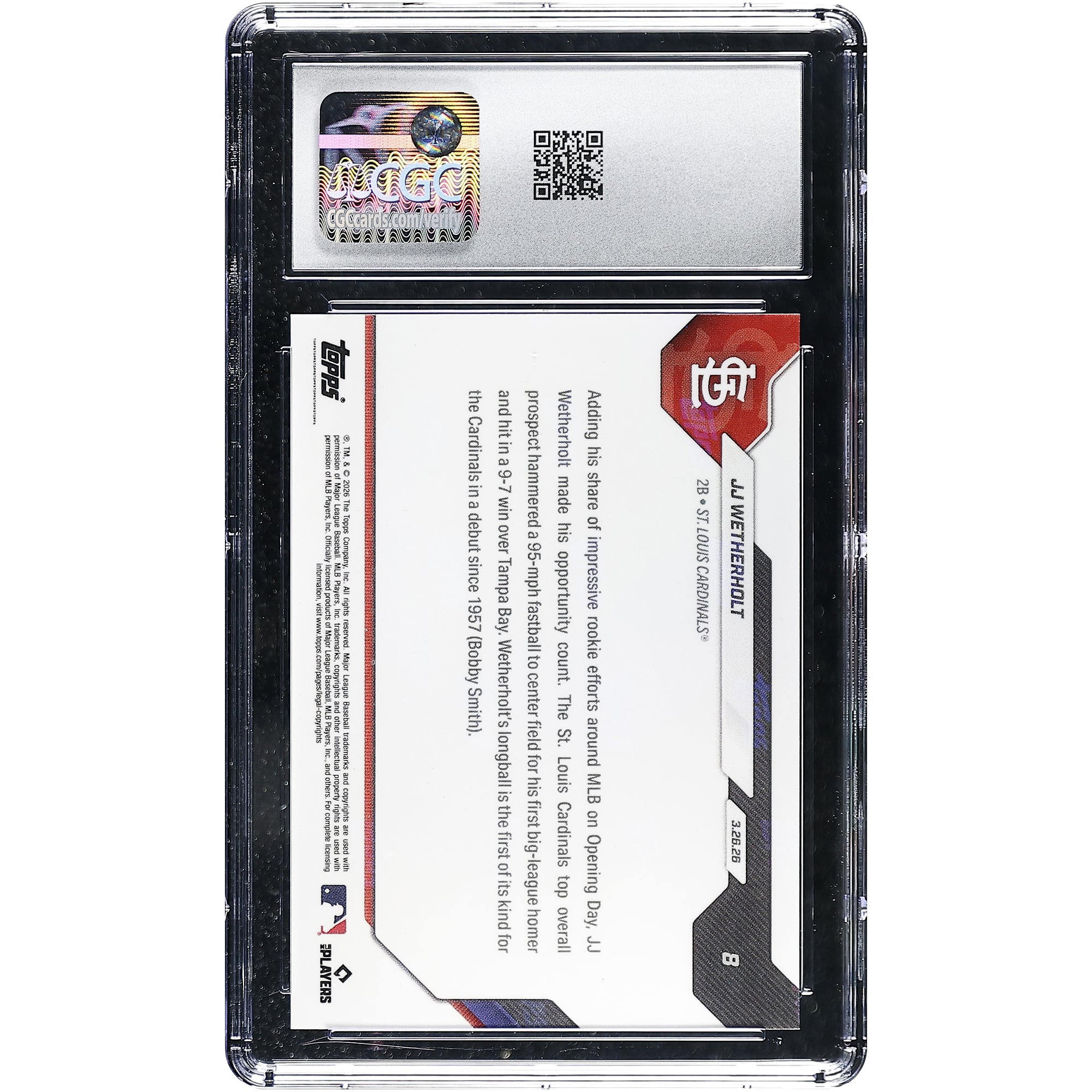 Carte recrue JJ Wetherholt, Cardinals de Saint-Louis, Topps Now 2026 : son premier coup de circuit lors du match d'ouverture est le premier de l'équipe depuis 1957 (n° 8), authentifiée par CGC (note : 9,5).