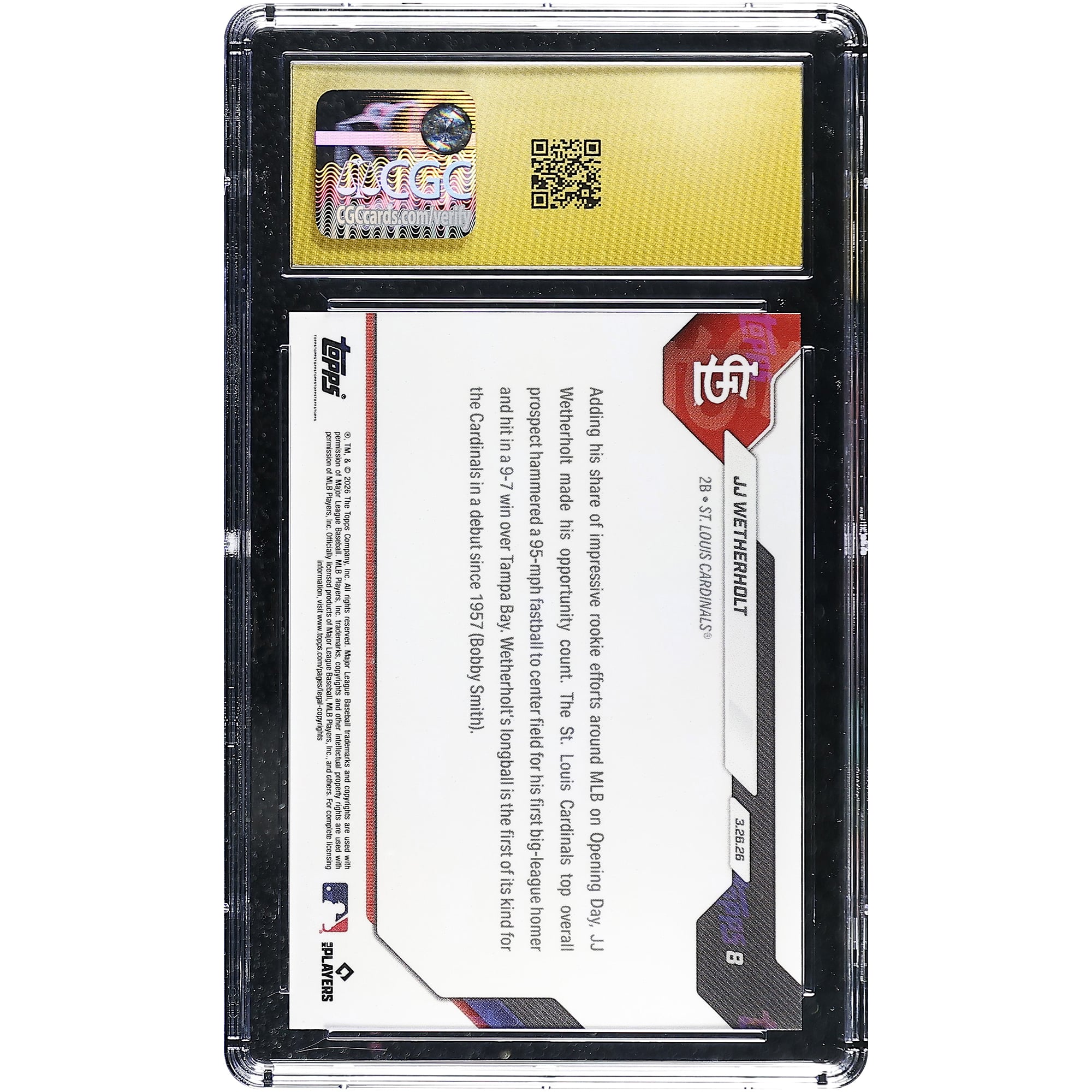 Carte recrue JJ Wetherholt, Cardinals de Saint-Louis, 2026 Topps Now, premier coup de circuit lors du match d'ouverture, le premier de l'équipe depuis 1957, n° 8, authentifiée CGC, état impeccable (10/10).