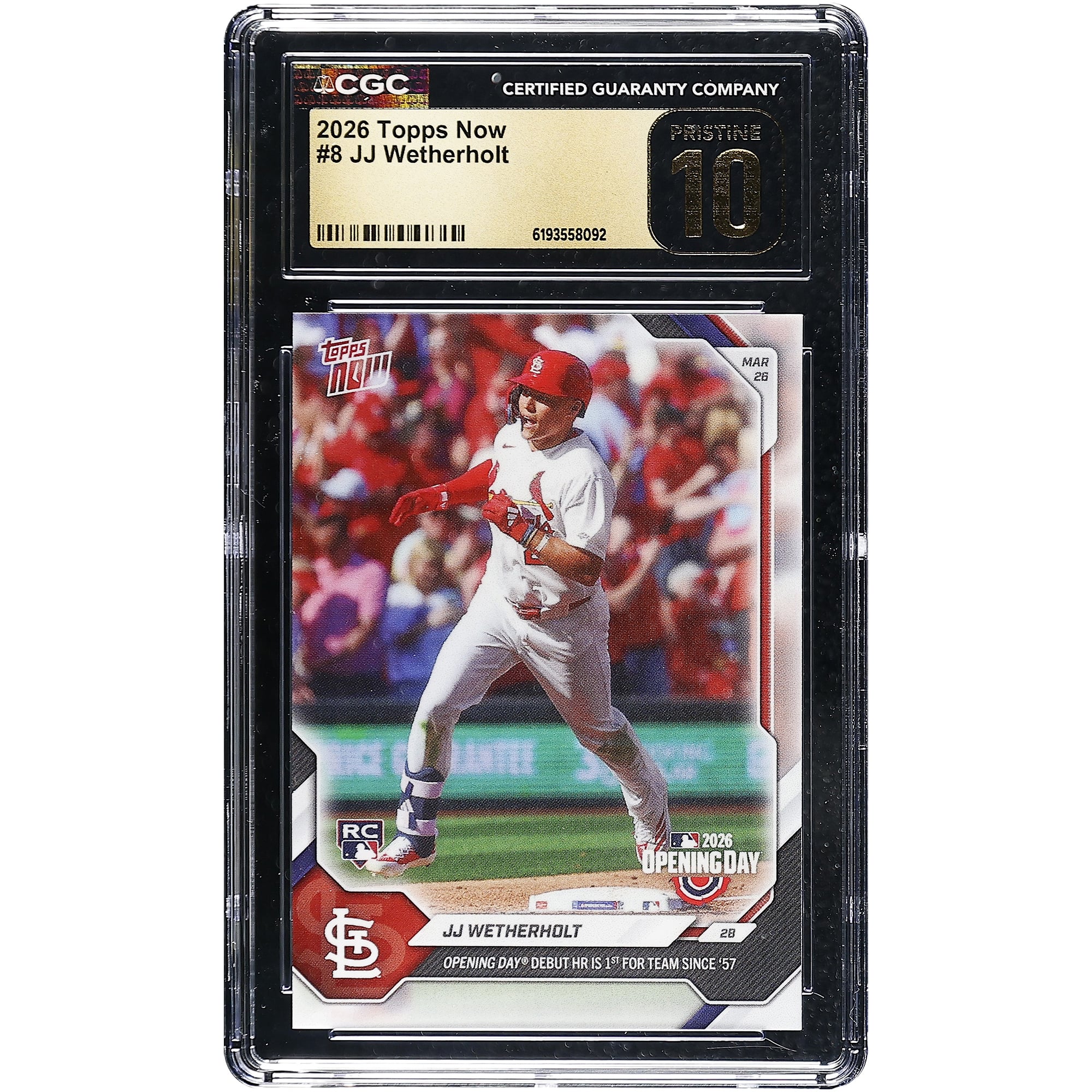 Carte recrue JJ Wetherholt, Cardinals de Saint-Louis, 2026 Topps Now, premier coup de circuit lors du match d'ouverture, le premier de l'équipe depuis 1957, n° 8, authentifiée CGC, état impeccable (10/10).