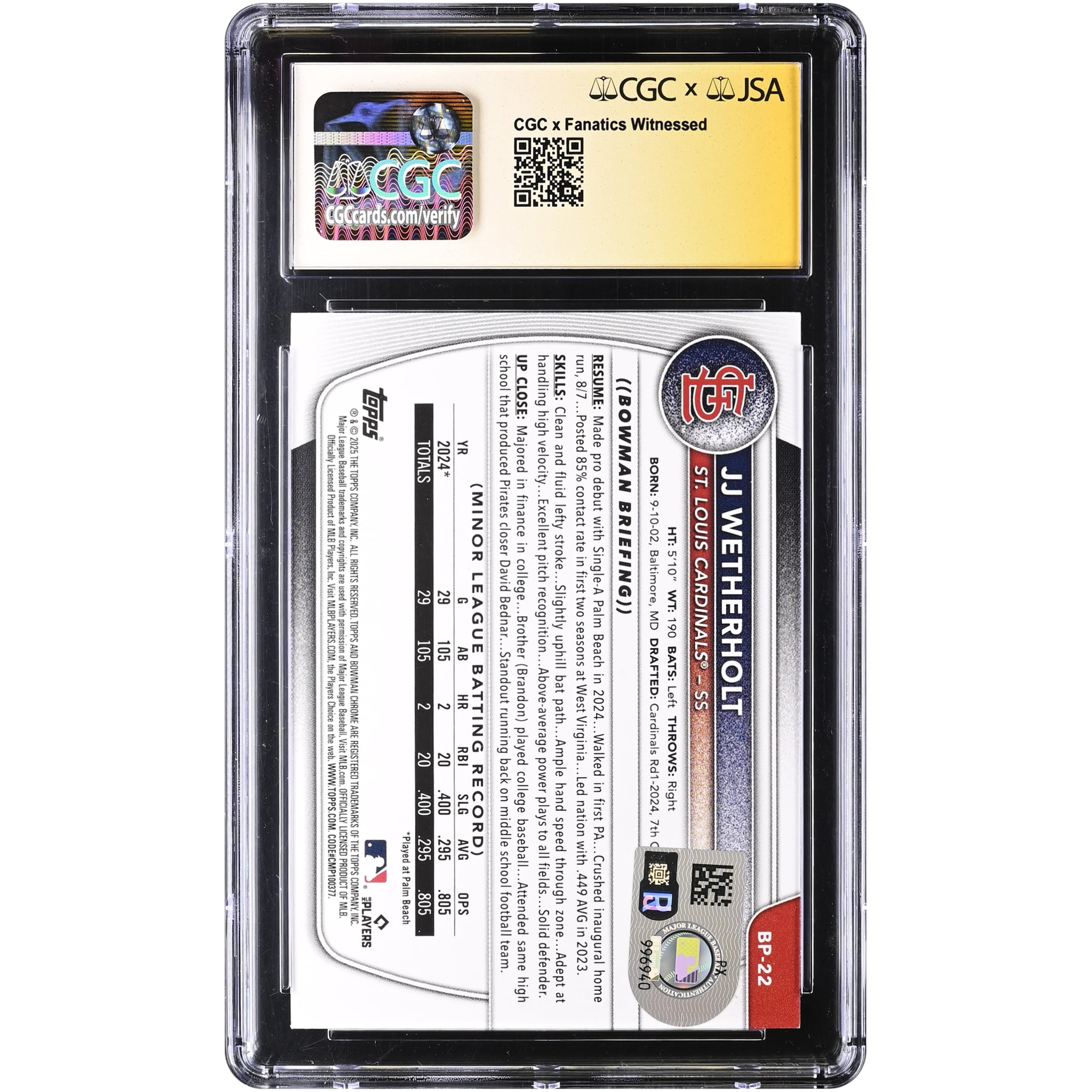 Carte autographiée de JJ Wetherholt (St. Louis Cardinals) - Collection Bowman Prospects 2025 #BP-22, authentifiée CGC Auto 10