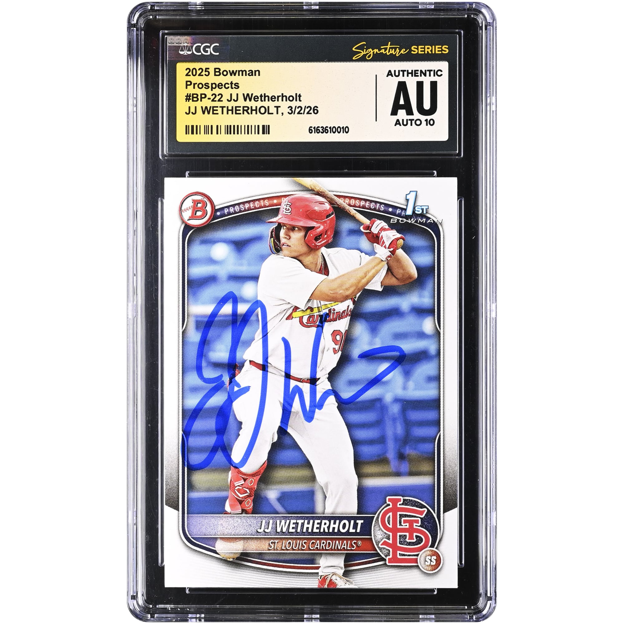 Carte autographiée de JJ Wetherholt (St. Louis Cardinals) - Collection Bowman Prospects 2025 #BP-22, authentifiée CGC Auto 10