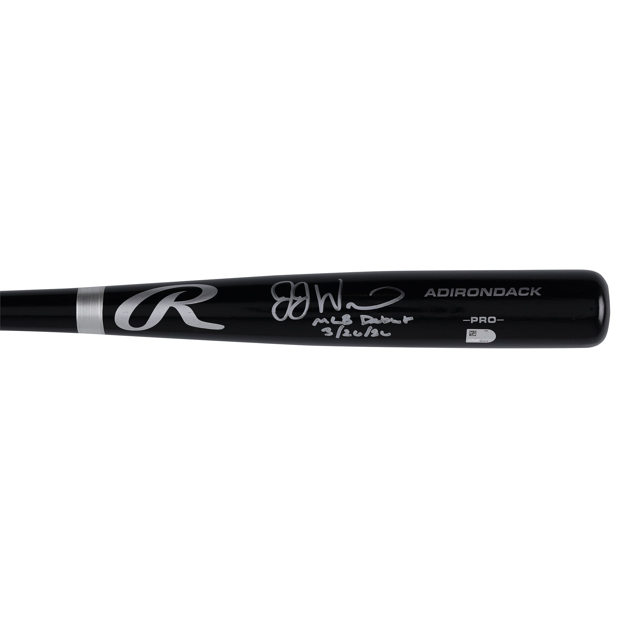Bâton Rawlings Pro noir autographié par JJ Wetherholt (Cardinals de Saint-Louis) avec inscription « Débuts en MLB le 26/03/2026 ».