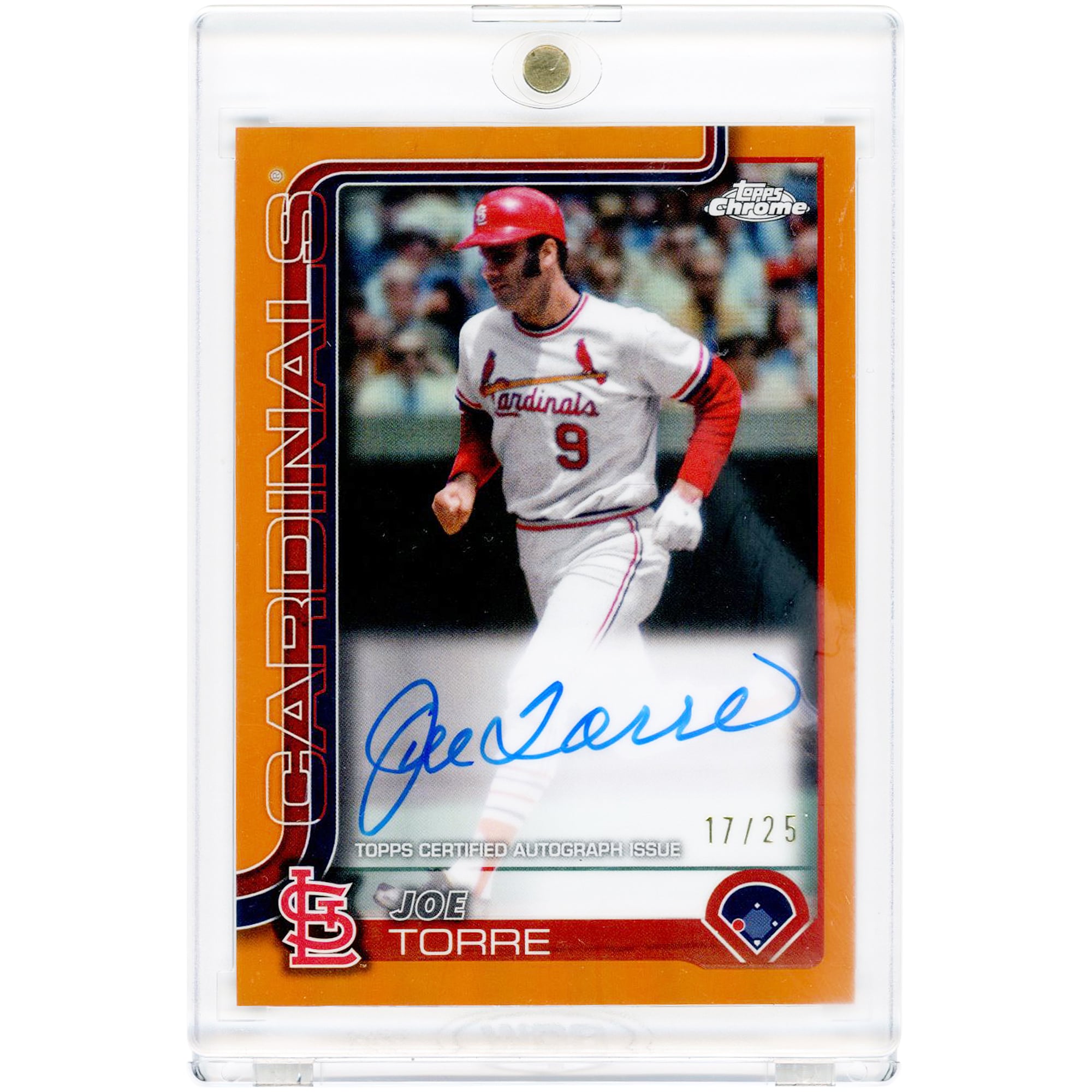 Carte autographiée de Joe Torre, joueur des Cardinals de Saint-Louis, collection Topps Chrome Orange Refractor 2025, numéro CLA-JT, n° 17/25