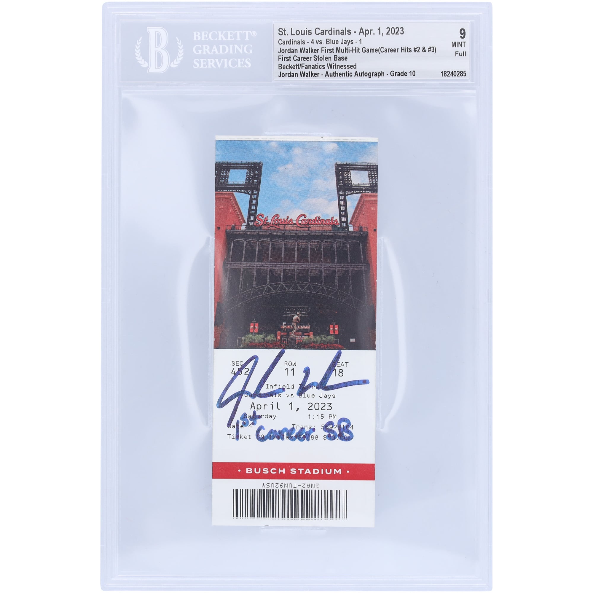 Jordan Walker St. Louis Cardinals Autographed 1st Multi-Hit & First Stolen Base Beckett Fanatics Witnessed Authenticated 9/10 Ticket from April 1, 2023 with "1st Career SB" Inscription