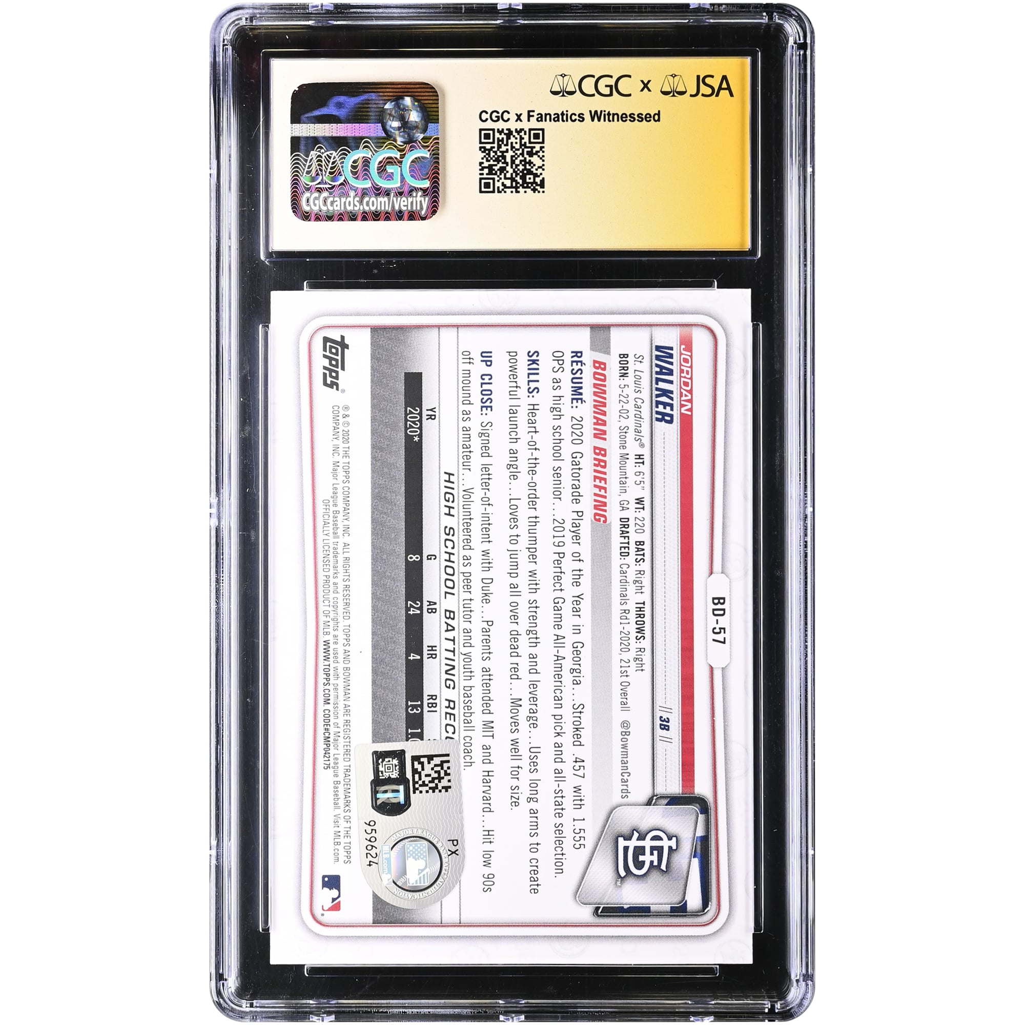 Carte autographiée de Jordan Walker (St. Louis Cardinals) - Draft Bowman 2020 n° BD-57