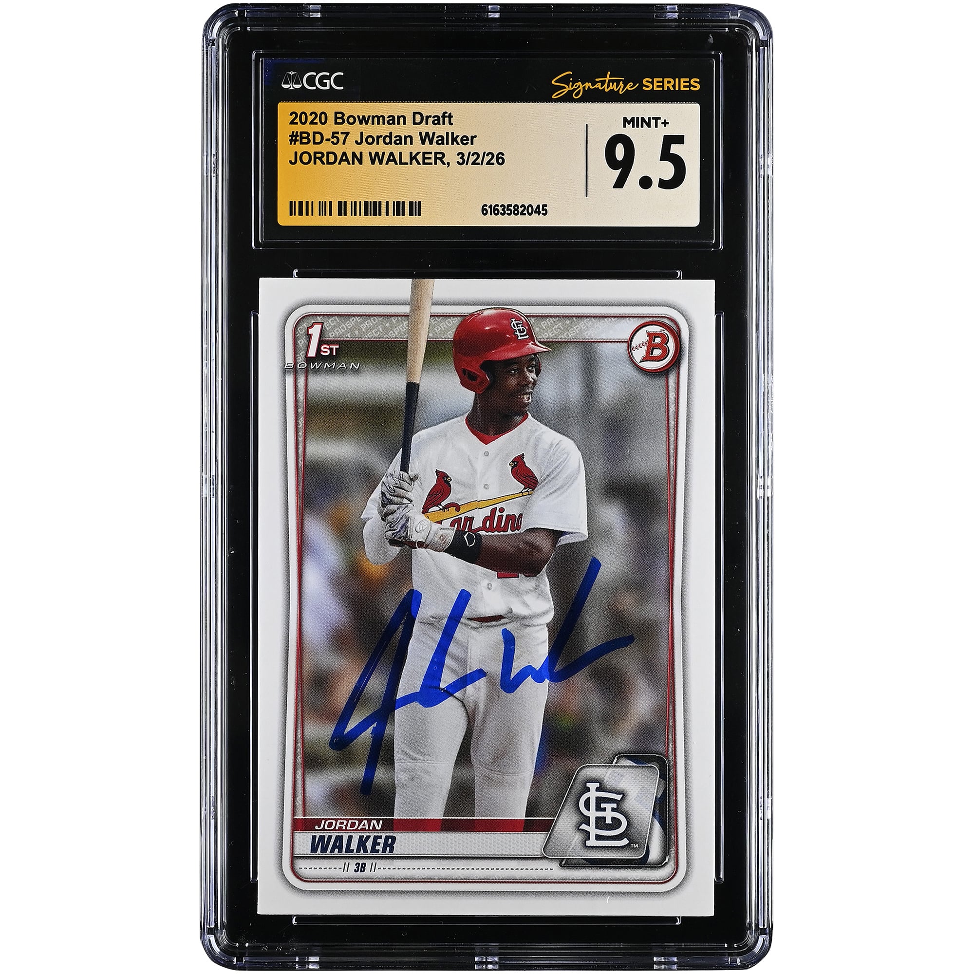 Jordan Walker St. Louis Cardinals Autographed 2020 Bowman Draft #BD-57 CGC Authenticated MINT+ 9.5 Card