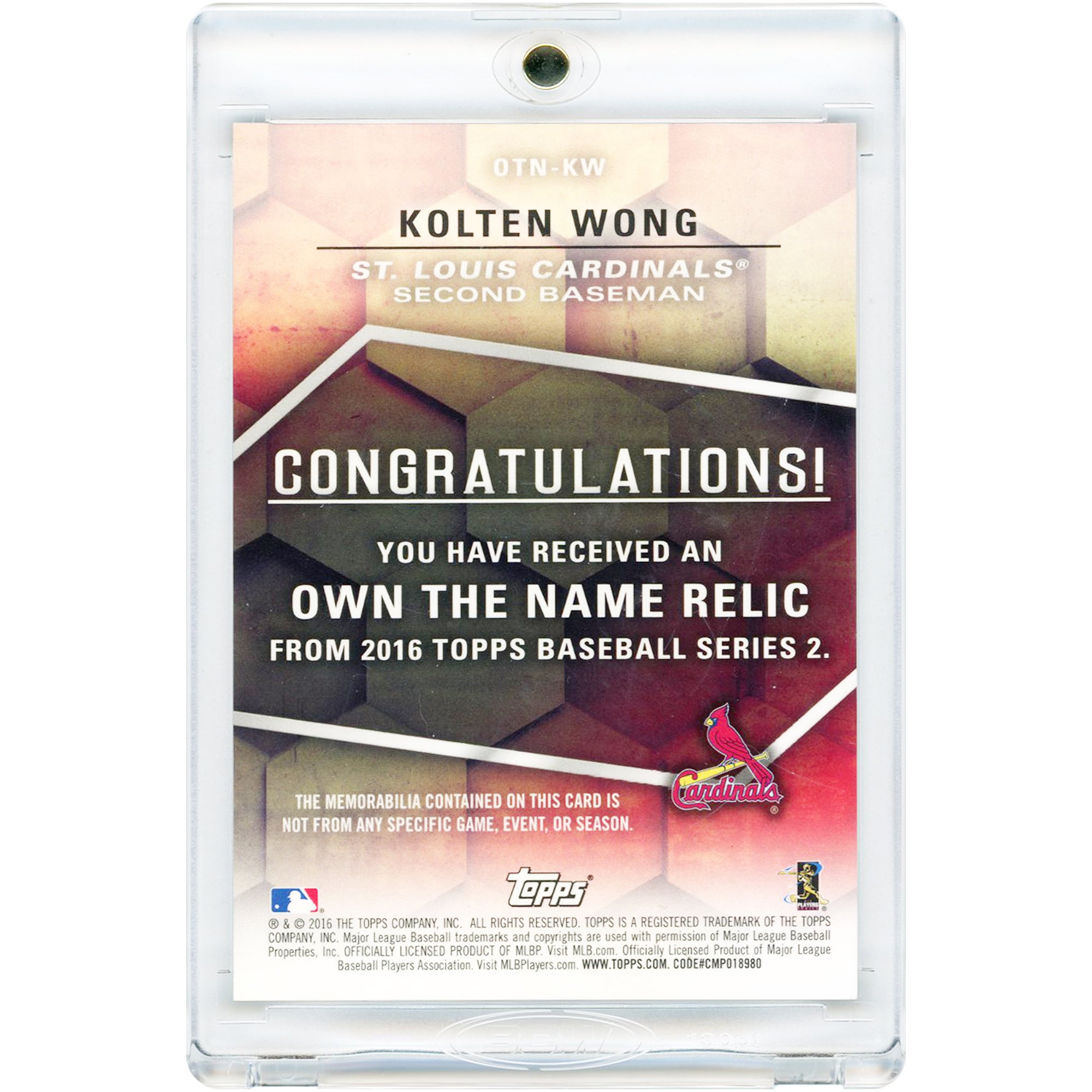 Carte Kolten Wong St. Louis Cardinals 2016 Topps Own The Name "O" Game Used Tri-Color Jumbo Relic #OTN-KW #1/1