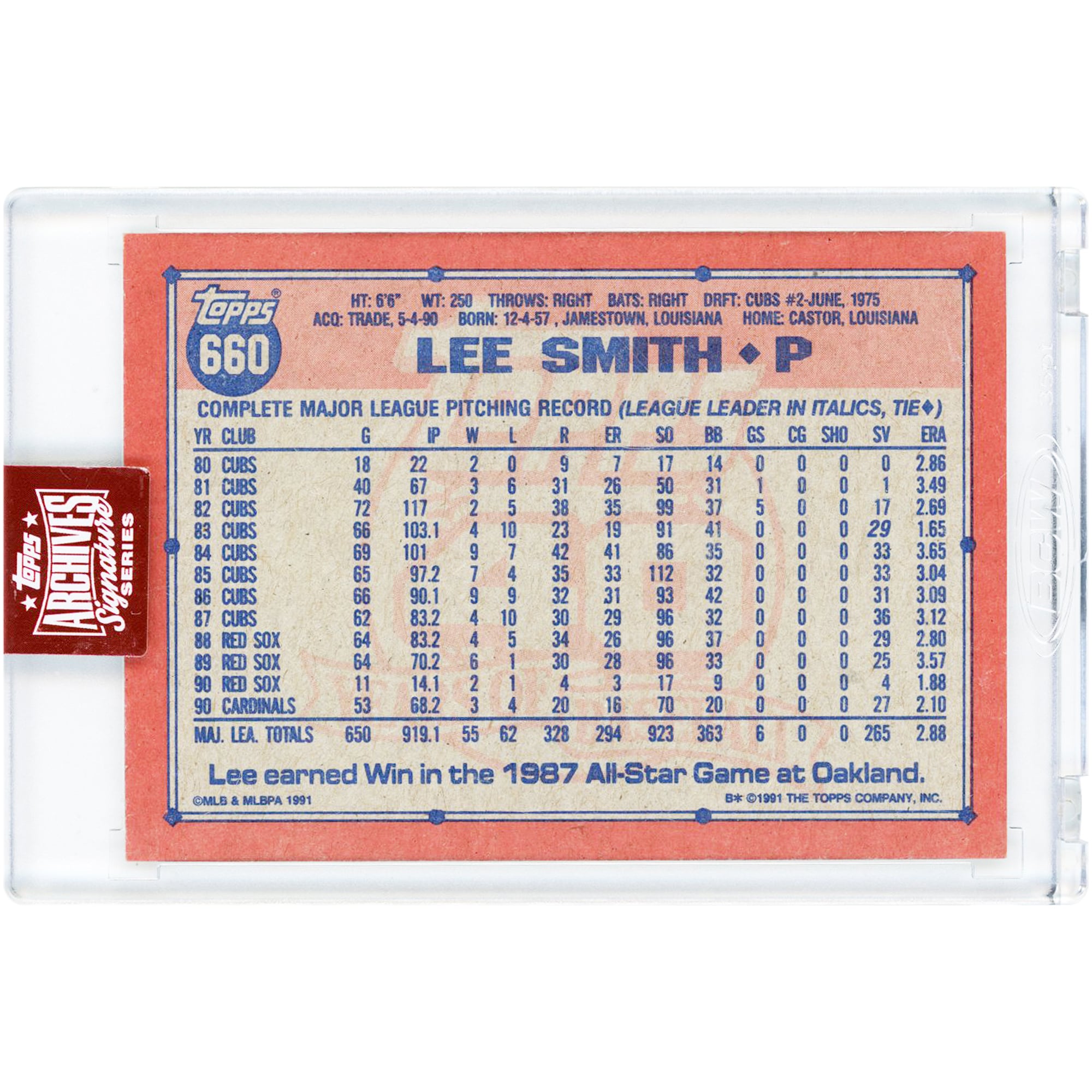 Carte autographiée de Lee Smith, joueur des Cardinals de Saint-Louis, série Signature Topps Archives Hall of Fame 2023, n° 660, n° 43/49