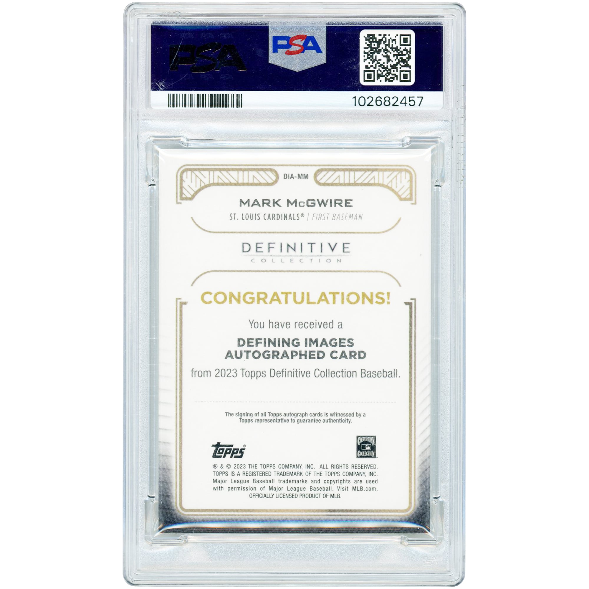 Carte autographiée de Mark McGwire (St. Louis Cardinals) - Collection Topps Definitive Images 2023 - Verte - Numérotée #DIA-MM #5/10 - Authentifiée par PSA (9 cartes)