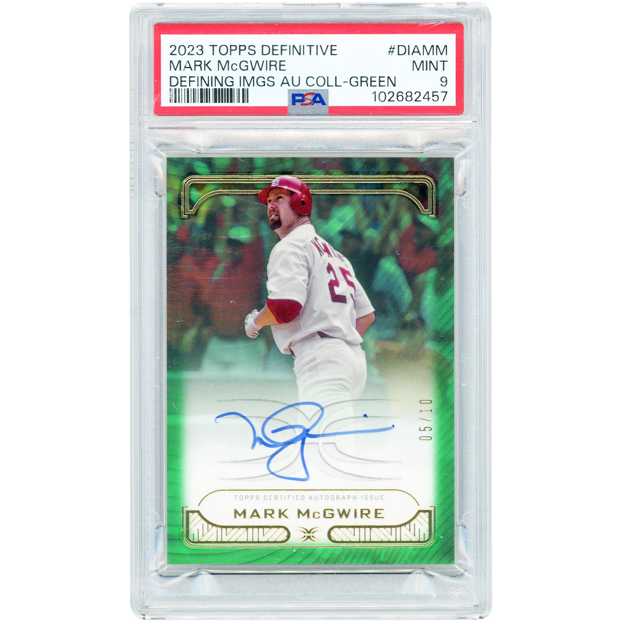 Carte autographiée de Mark McGwire (St. Louis Cardinals) - Collection Topps Definitive Images 2023 - Verte - Numérotée #DIA-MM #5/10 - Authentifiée par PSA (9 cartes)