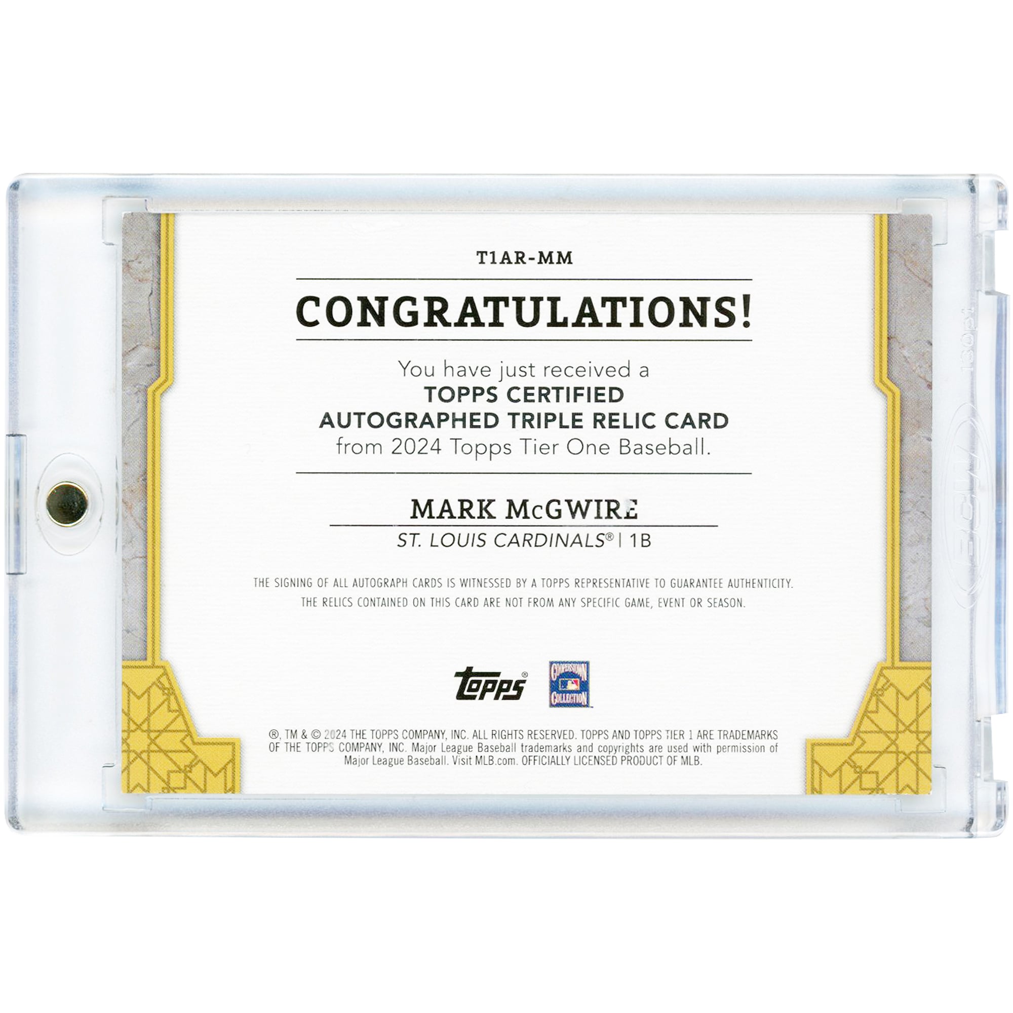 Carte autographiée de Mark McGwire (St. Louis Cardinals) 2024 Topps Tier One Triple Game Used Dual-Color Jersey Relics #T1AR-MM # 11/25