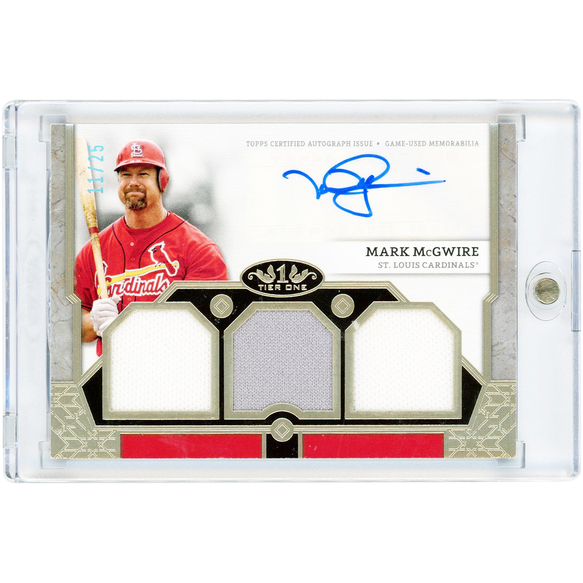 Carte autographiée de Mark McGwire (St. Louis Cardinals) 2024 Topps Tier One Triple Game Used Dual-Color Jersey Relics #T1AR-MM # 11/25