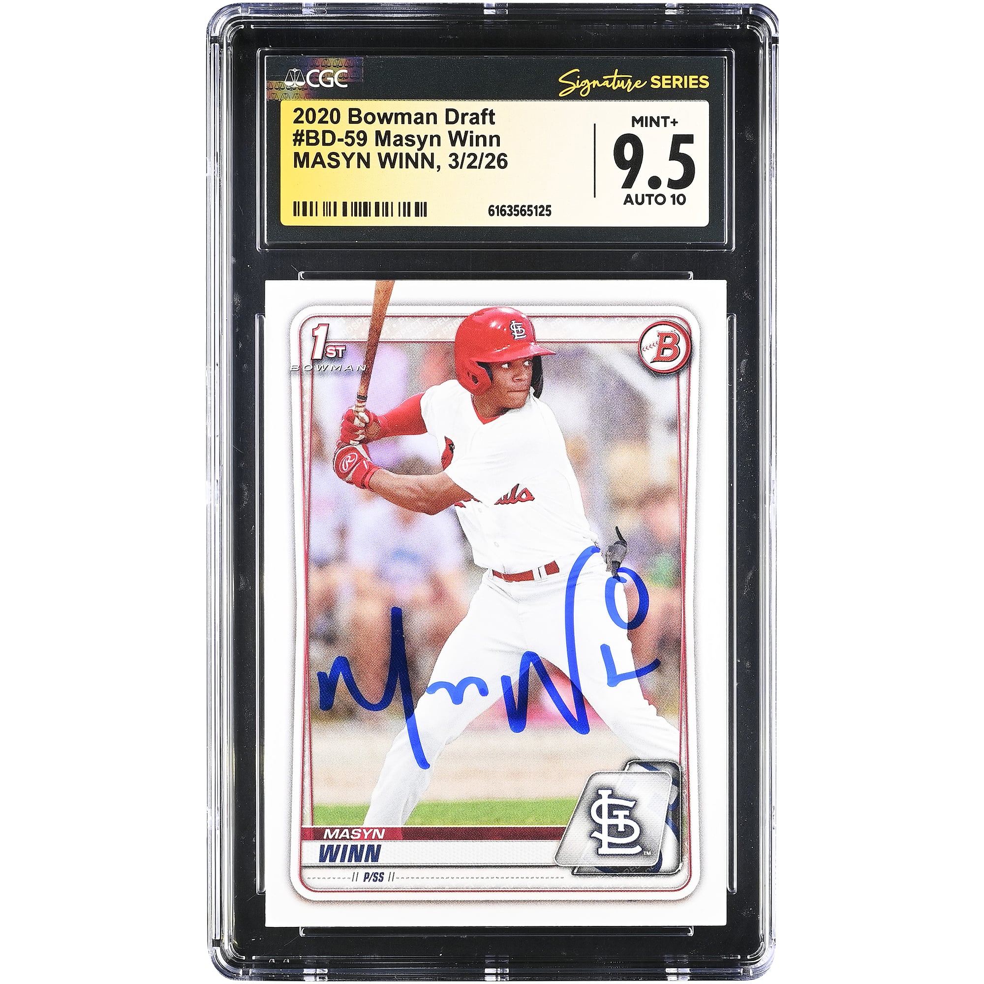 Carte autographiée par Masyn Winn des Cardinals de Saint-Louis, collection Bowman Draft 2020, numéro BD-59, authentifiée par CGC (note 9,5/10).