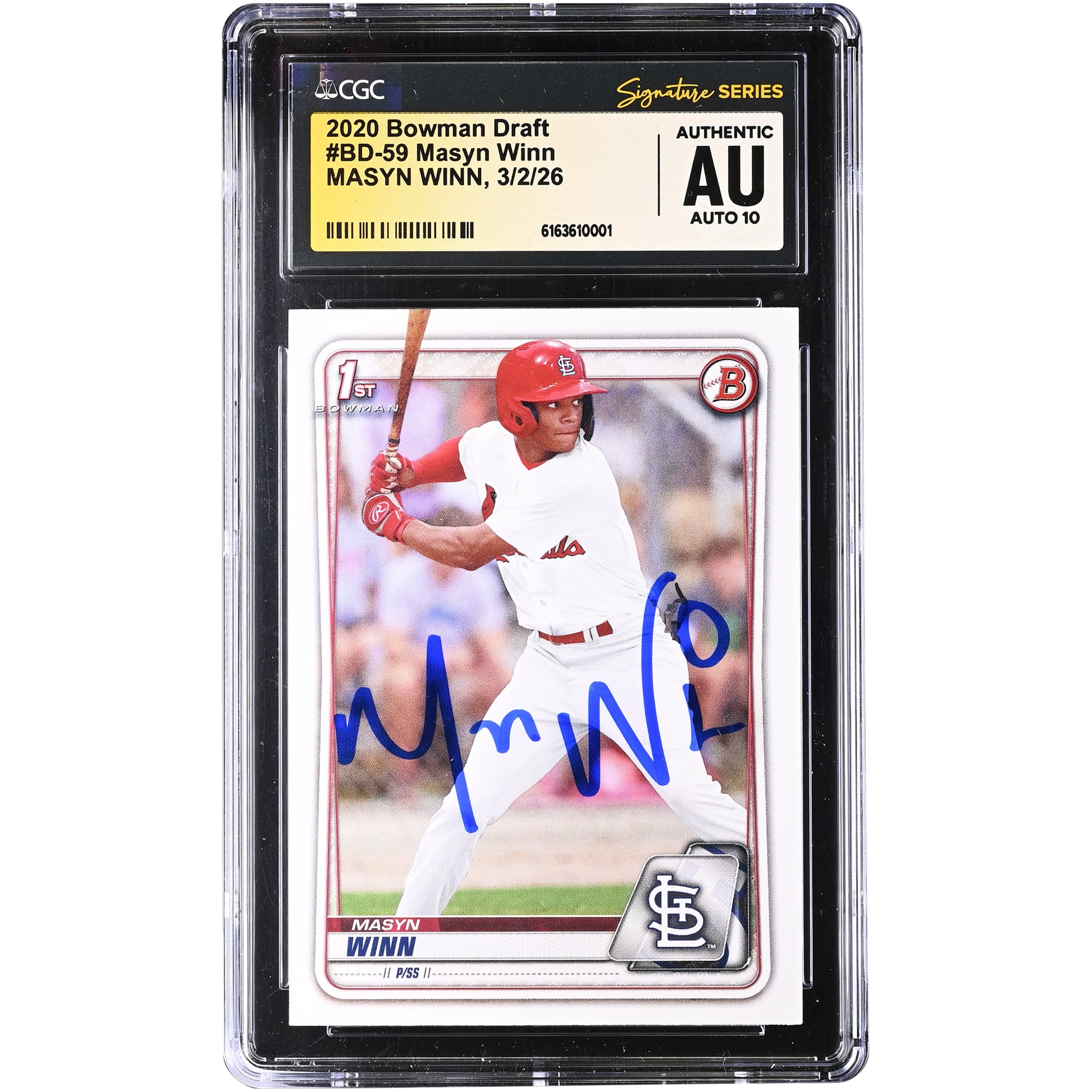 Masyn Winn St. Louis Cardinals Autographed 2020 Bowman Draft #BD-59 CGC Authenticated Auto 10 Card